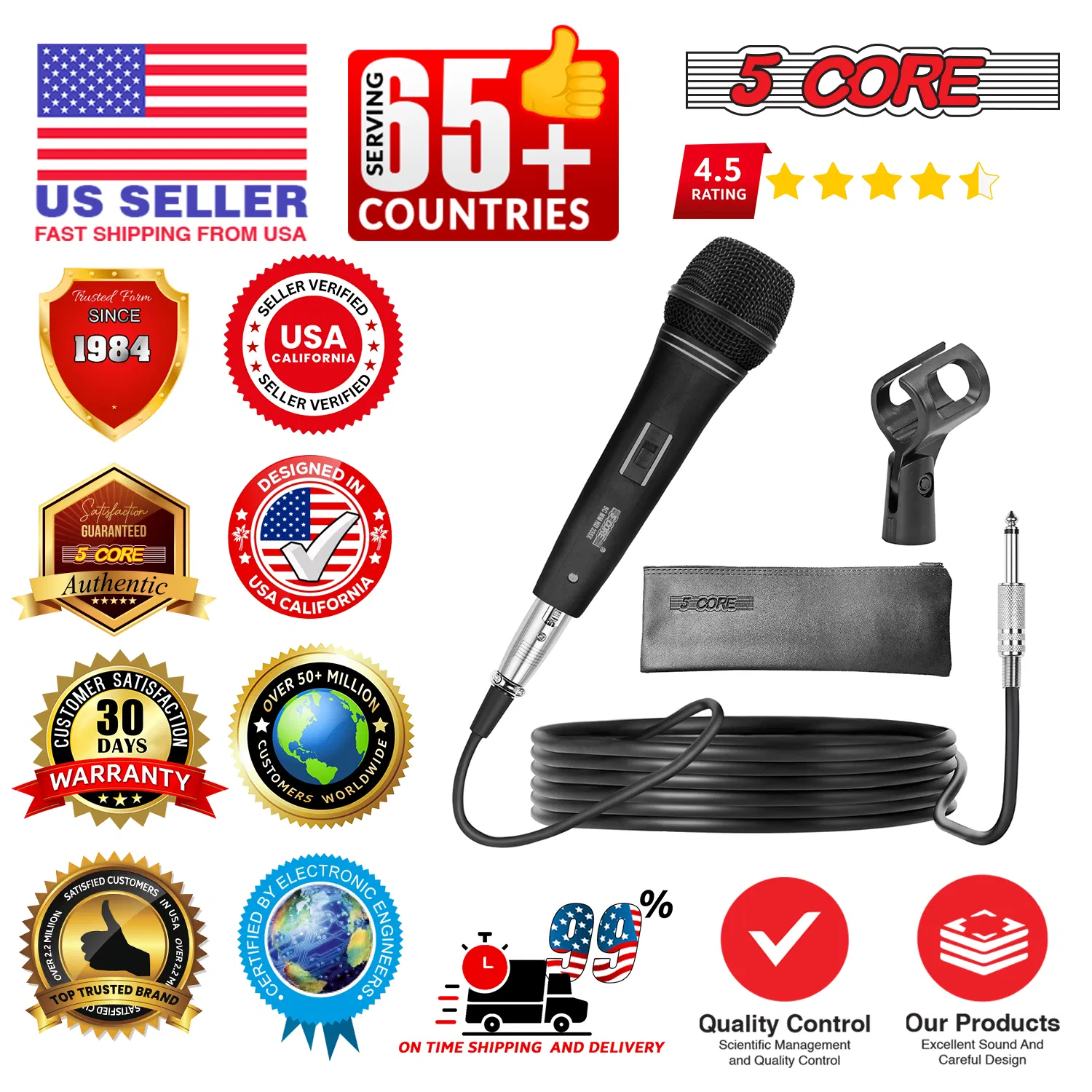 5 CORE Professional Dynamic Vocal Microphone Neodymium Cardioid Unidirectional Handheld Mic for Singing Karaoke Steel Mesh Grille Metal Body With ON Off Switch + 16ft Detachable Cable + Clip + Bag image 13