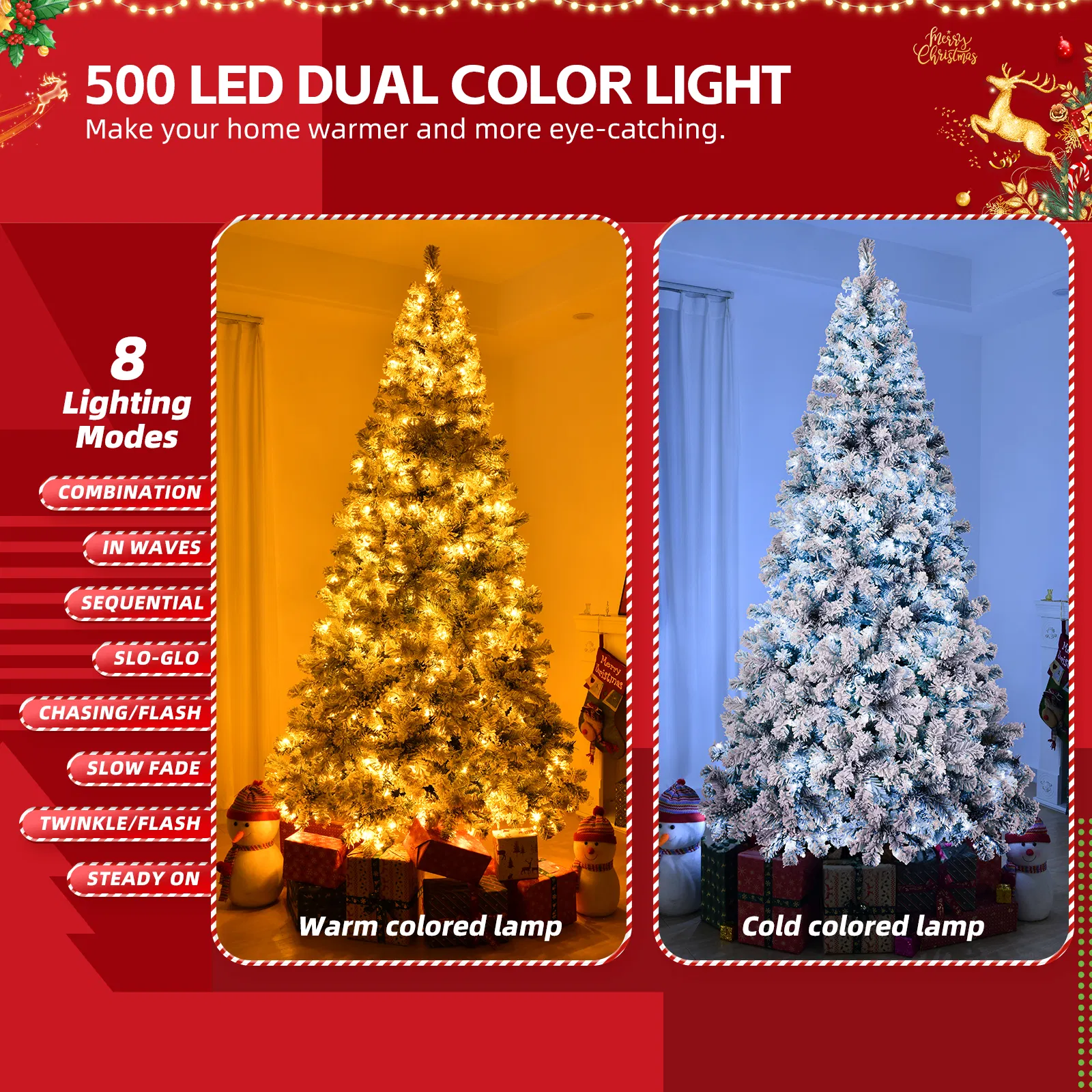 8 FT Pre-lit Snow Flocked Christmas Tree, Artificial Hinged Xmas Pine Tree with 1300 Branch Tips, 500… image 9
