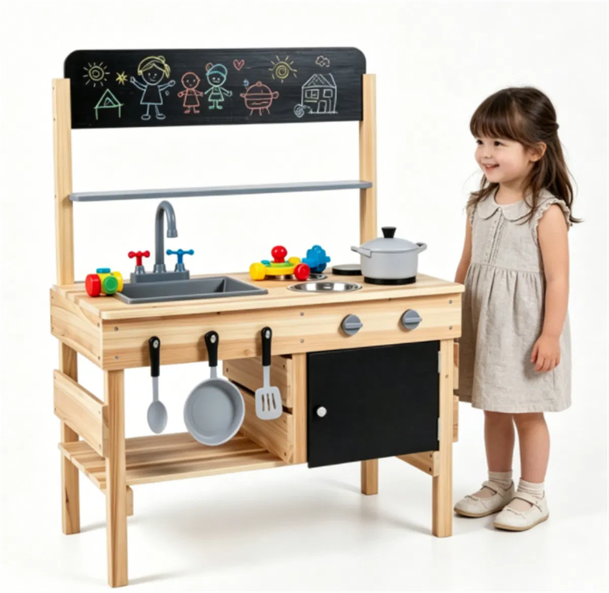 Natural Fir Wood Kids Outdoor Mud Kitchen Playset with Stainless Steel Sink & Stoves, Pretend Play Cooking Toy with Storage Hooks for Toddlers 3+