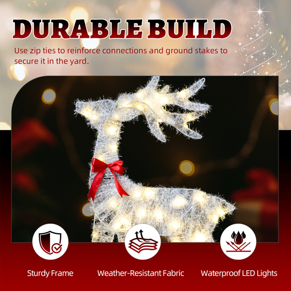3-Piece Lighted Tinsel Christmas Reindeer Family Set Outdoor Decorations, Weather Proof Deer Family Set of 3 Christmas Ornament Home Decor Pre-lit 110 LED Warm White Lights, 2.4FT, White-18