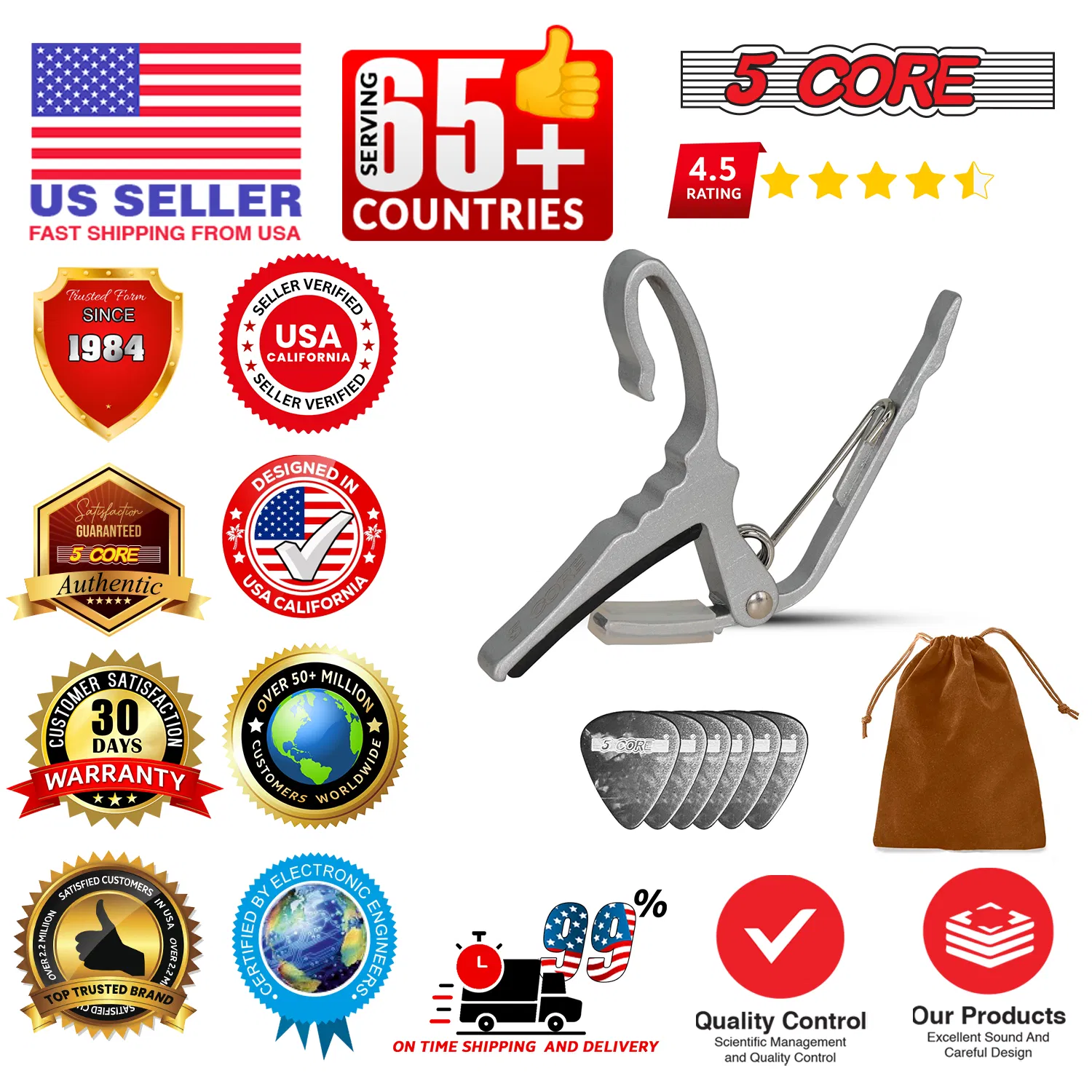 5 Core Guitar Capo Quick Change Acoustic Electric String Clip Banjo Mandolin Or Ukulele image 11