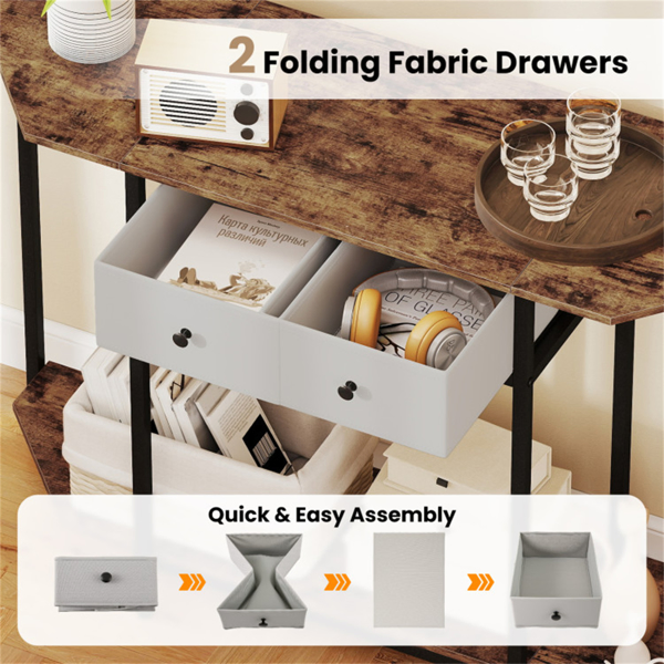  2-Tier Industrial Console Table - Polygonal Tabletop & Open Shelf, 2 Folding Fabric Drawers for Entryway/Hallway/Couch Behind-19
