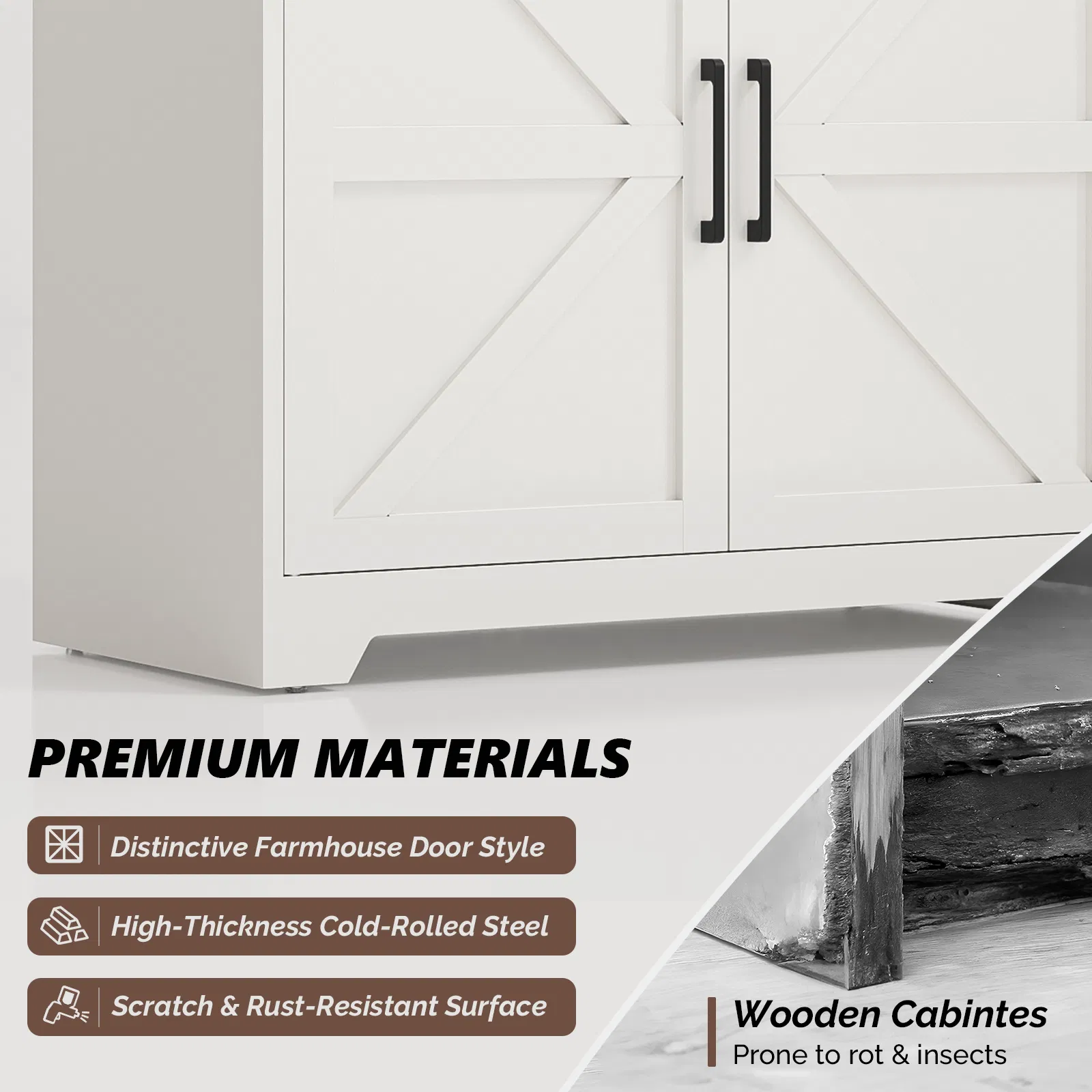 Barn door 3-tier steel display case, 69.7 31.5 15.4 inches, off-white with contrasting wood grain image 3