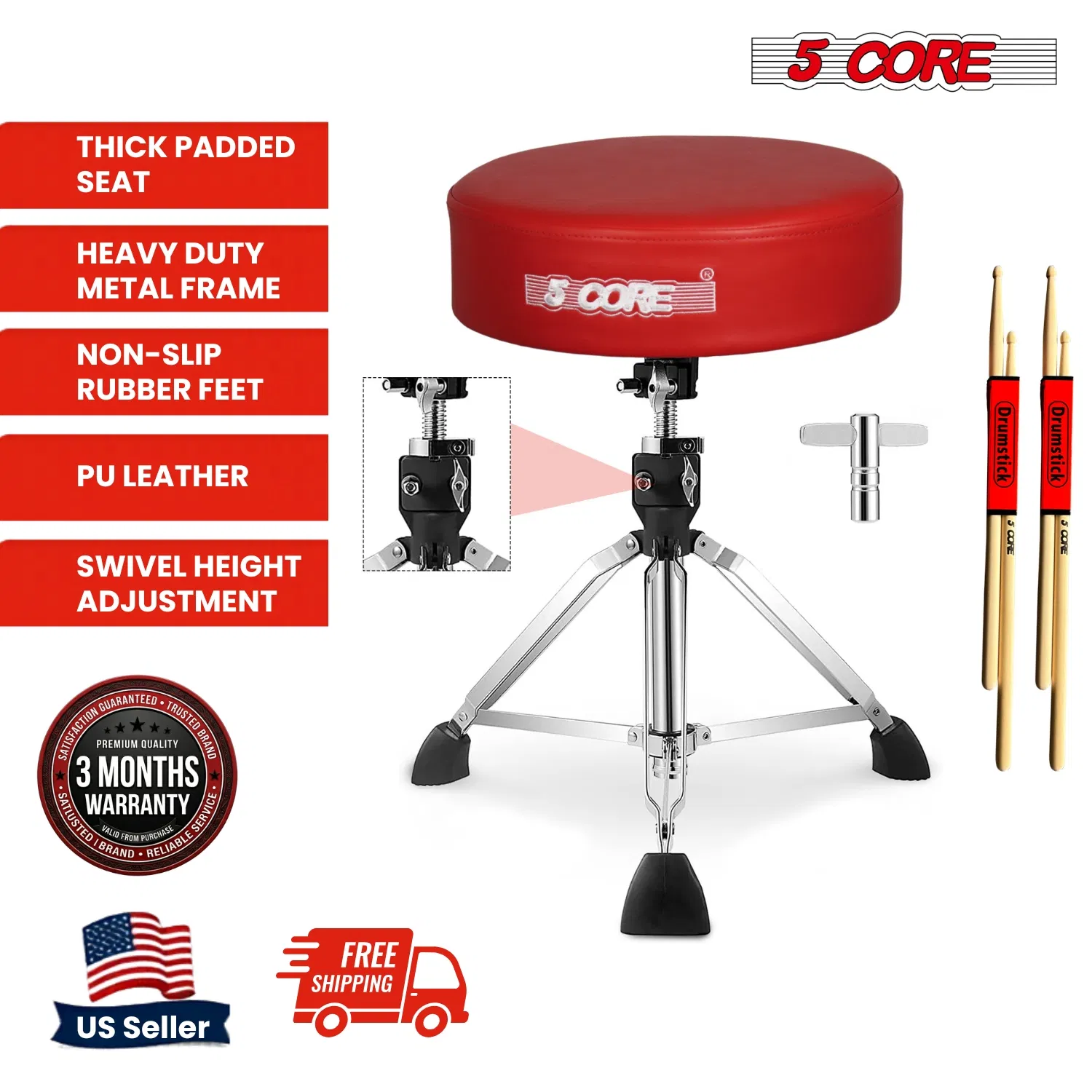 5 Core Drum Throne 4" Thick Padded Guitar Stool 400Lb Capacity Drummer Chair Swivel Adjustable image 12