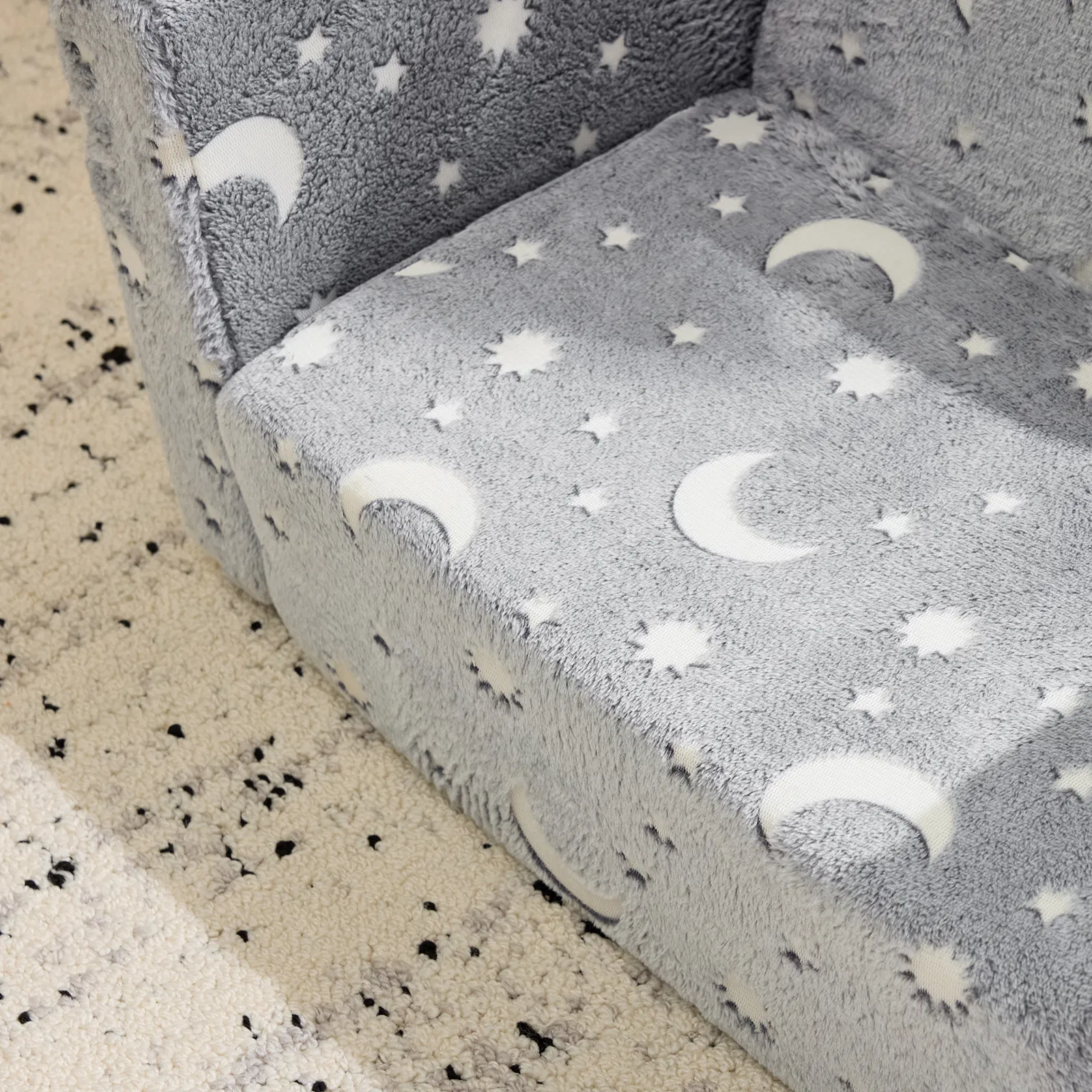 Glow-in-the-Dark Kids Foldable Sofa Bed All-Sponge Single Chaise Lounge Light Grey Star & Moon Flannel image 7
