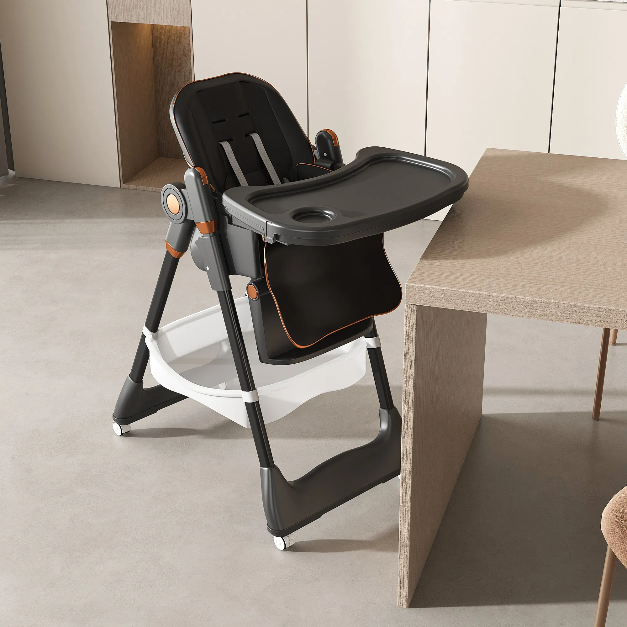 Adjustable Baby High Chair 0-6 Years Portable Infant Feeding Seat with Safety Belt, Silent Lockable Wheels & Easy-Clean Design for Home, Dining, Living Room, Bedroom (Black)