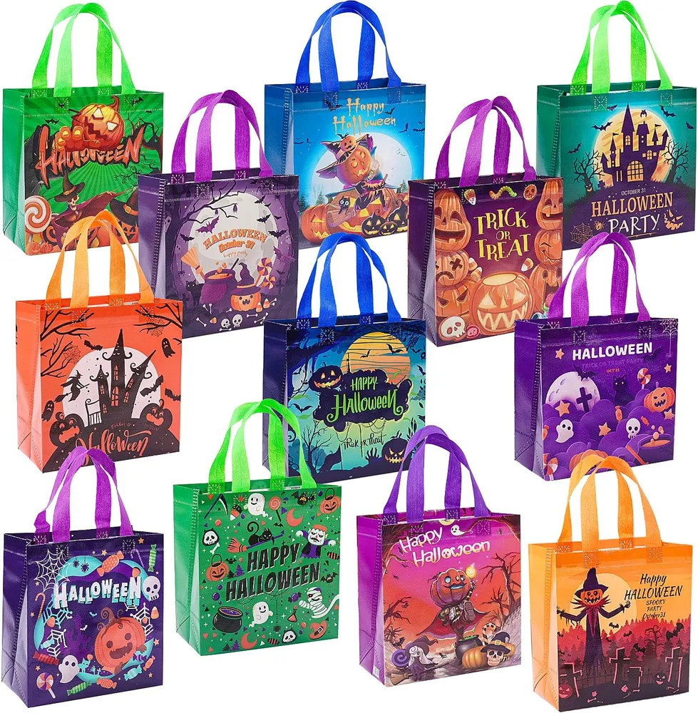 12Pcs Halloween Trick or Treat Bags, Tote Bags with Handles for Kids, Halloween Reusable Non-Woven Gift Bags for Gifts W