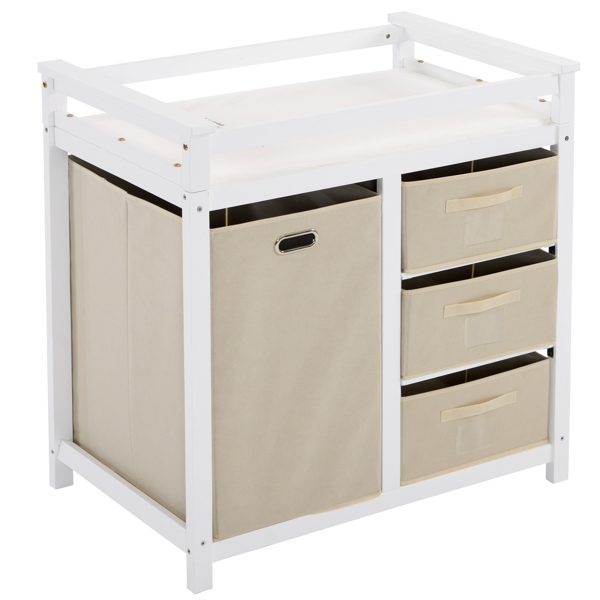 White painted pine wood frame, removable top, 87*53*87.5cm children's wooden bed with 3 fabric drawers + 1 fabric bag, and a changing table-34