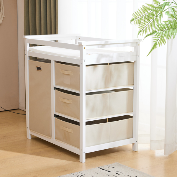 White painted pine wood frame, removable top, 87*53*87.5cm children's wooden bed with 3 fabric drawers + 1 fabric bag, and a changing table-44