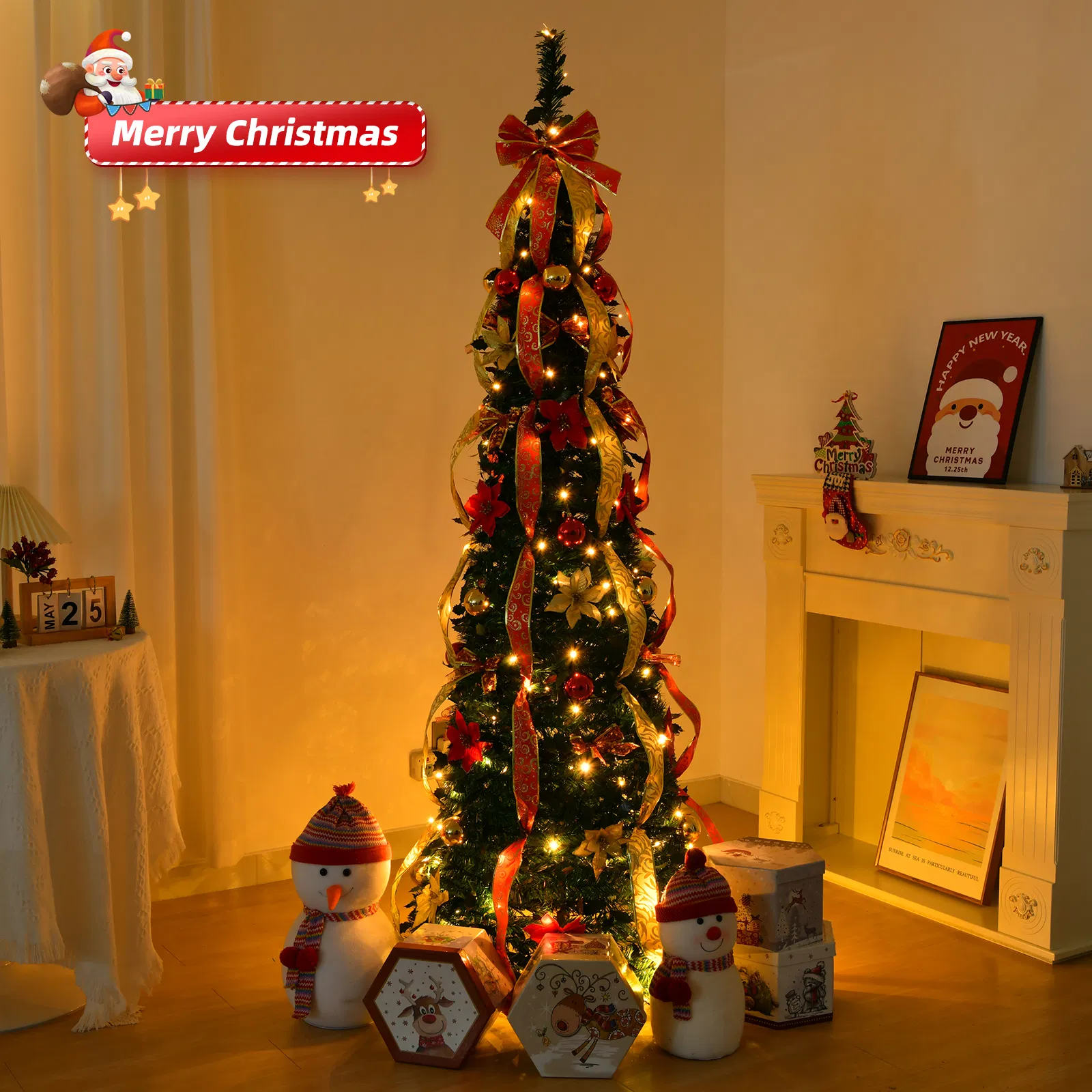 6 FT Fully Decorated Pre-lit Christmas Tree, Pop Up Artificial Xmas Tree with 150 Warm Lights Battery Operated and Red & Golden Ornaments for Home Office Store Holiday Deco image 9