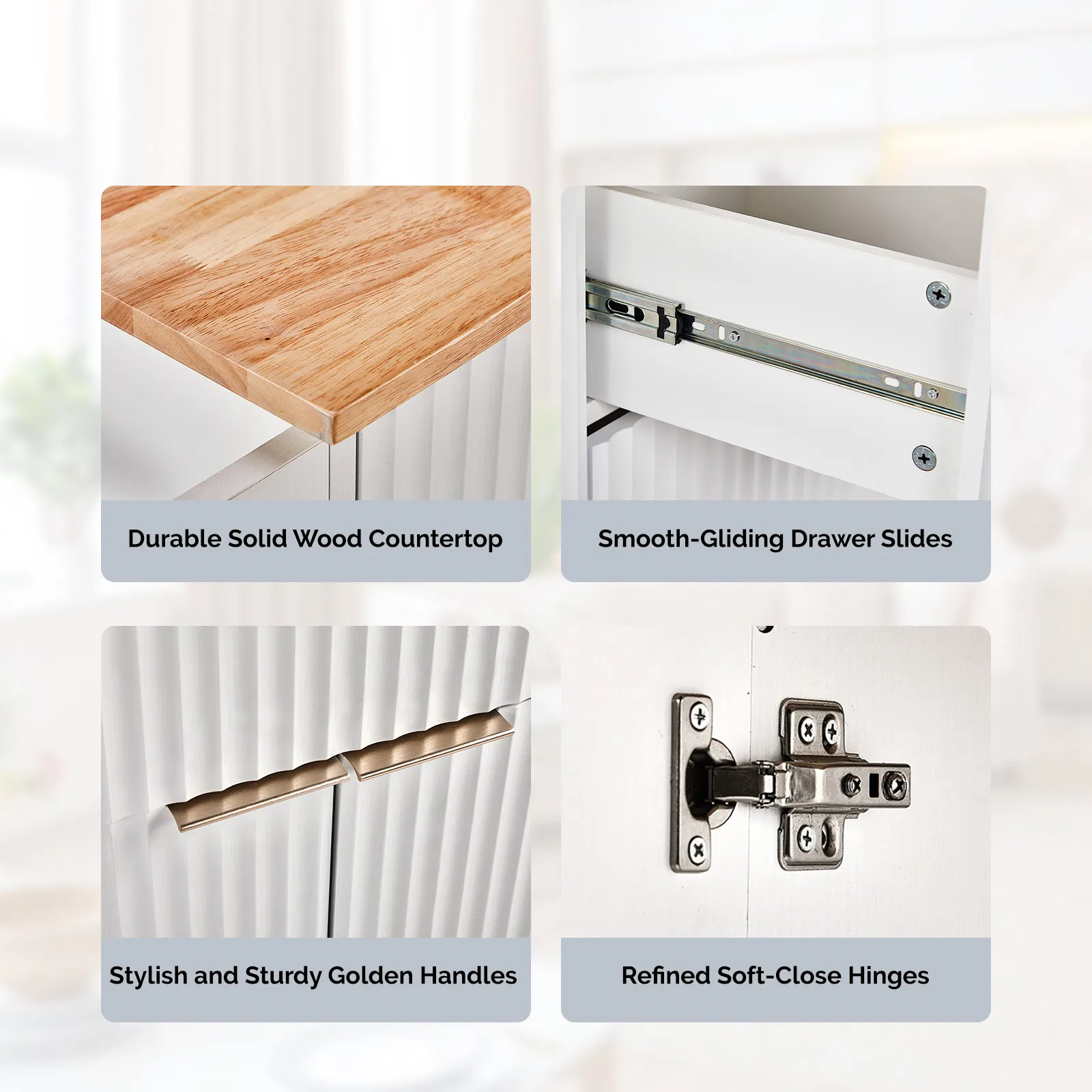 (Do Not Sale on Amazon) 4-Door 2-Drawer Grille Food Cart Champagne Gold Thermoformed Door Panels Bakelite Handles Bakelite Countertop MDF Cabinets and Serving Sideboard 43.07*29.17*32.68in White image 5