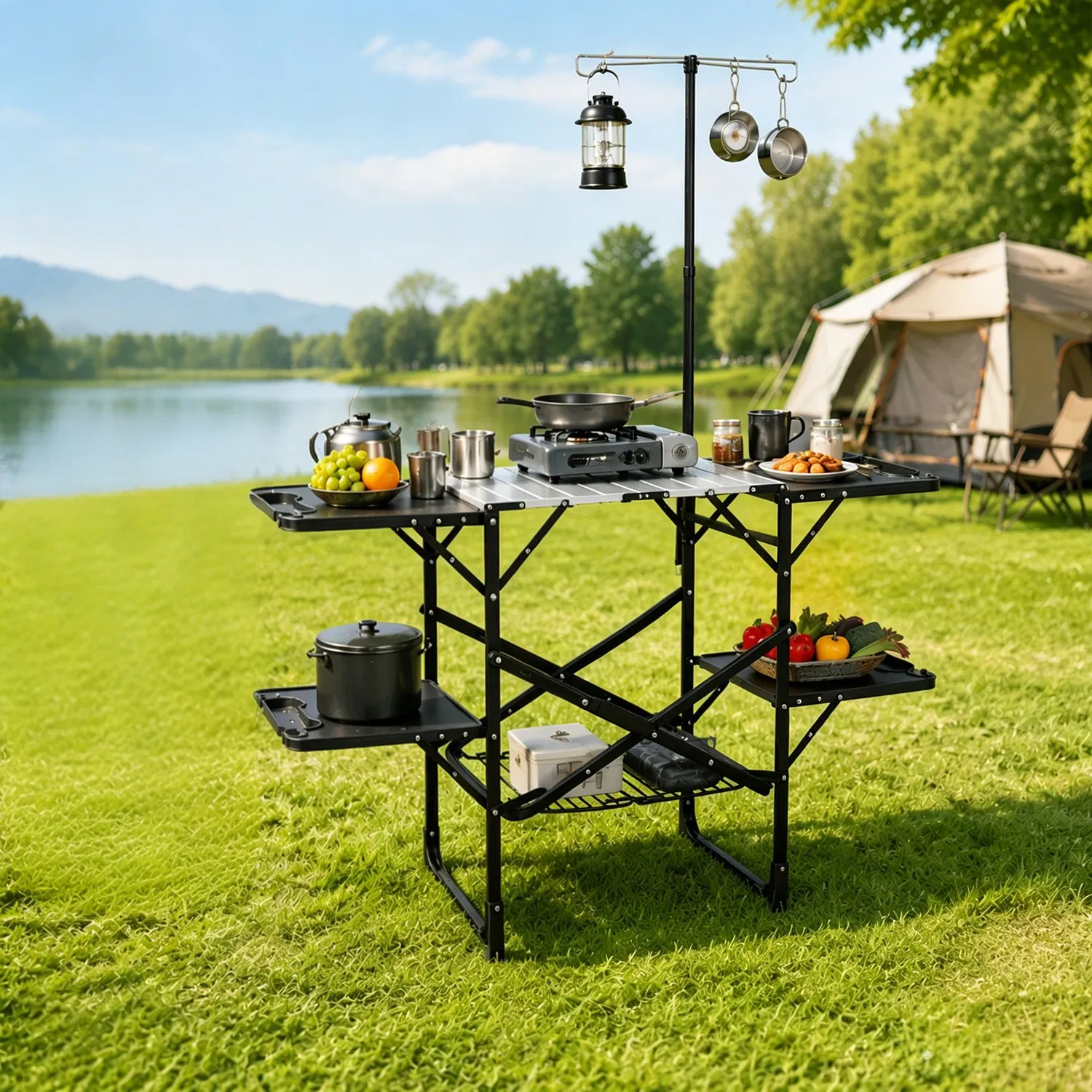 Foldaway Outdoor Cooking Table with Detachable Lamp Holder 4 Fold Side Trays Mesh Storage Shelf, Cross Brace Support Max 154lbs Weight Capacity Built-In Transport Handle  for Camp Tailgate RV Picnic