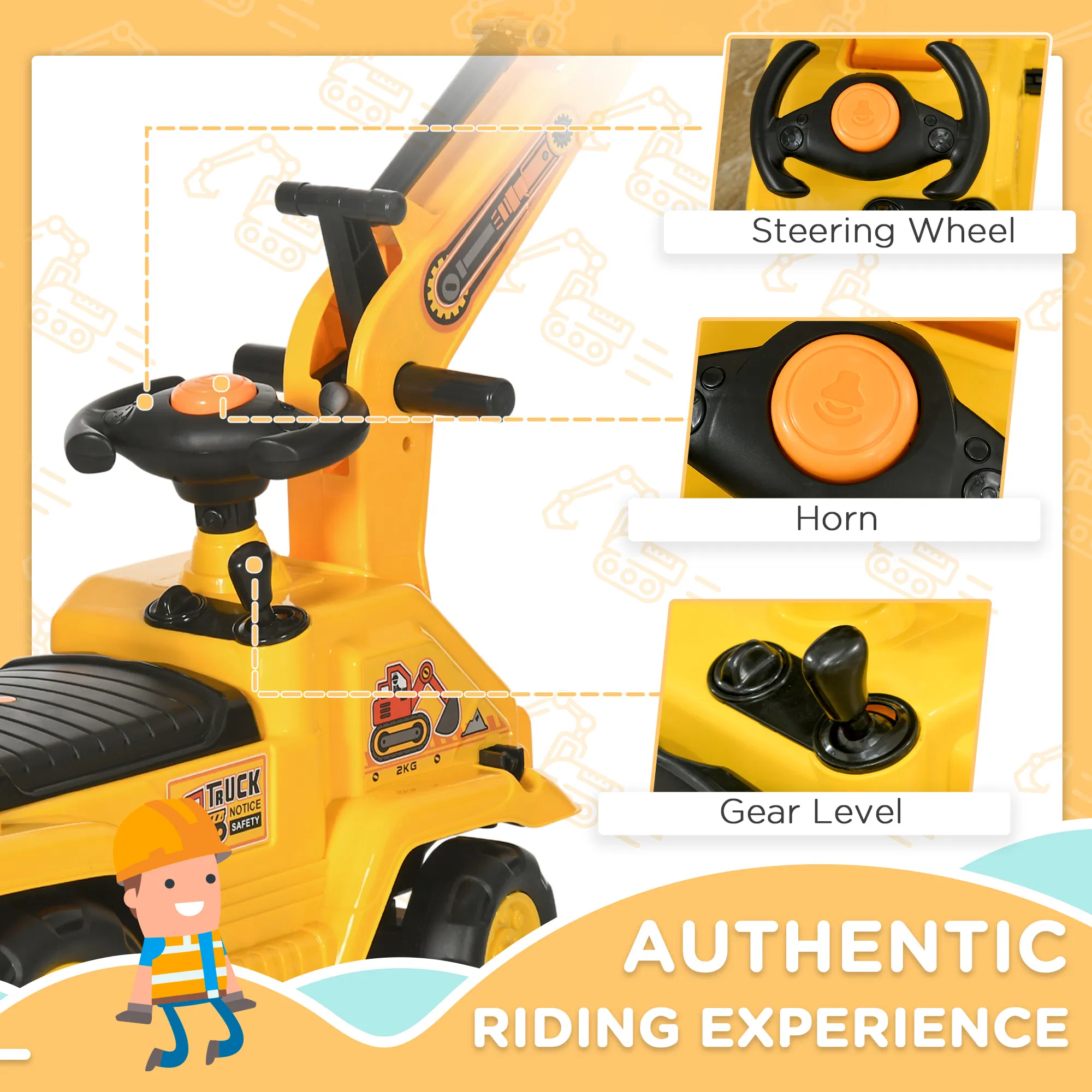NO POWER 3 in 1 Ride on Toy Excavator Digger Scooter Pulling — photo 3