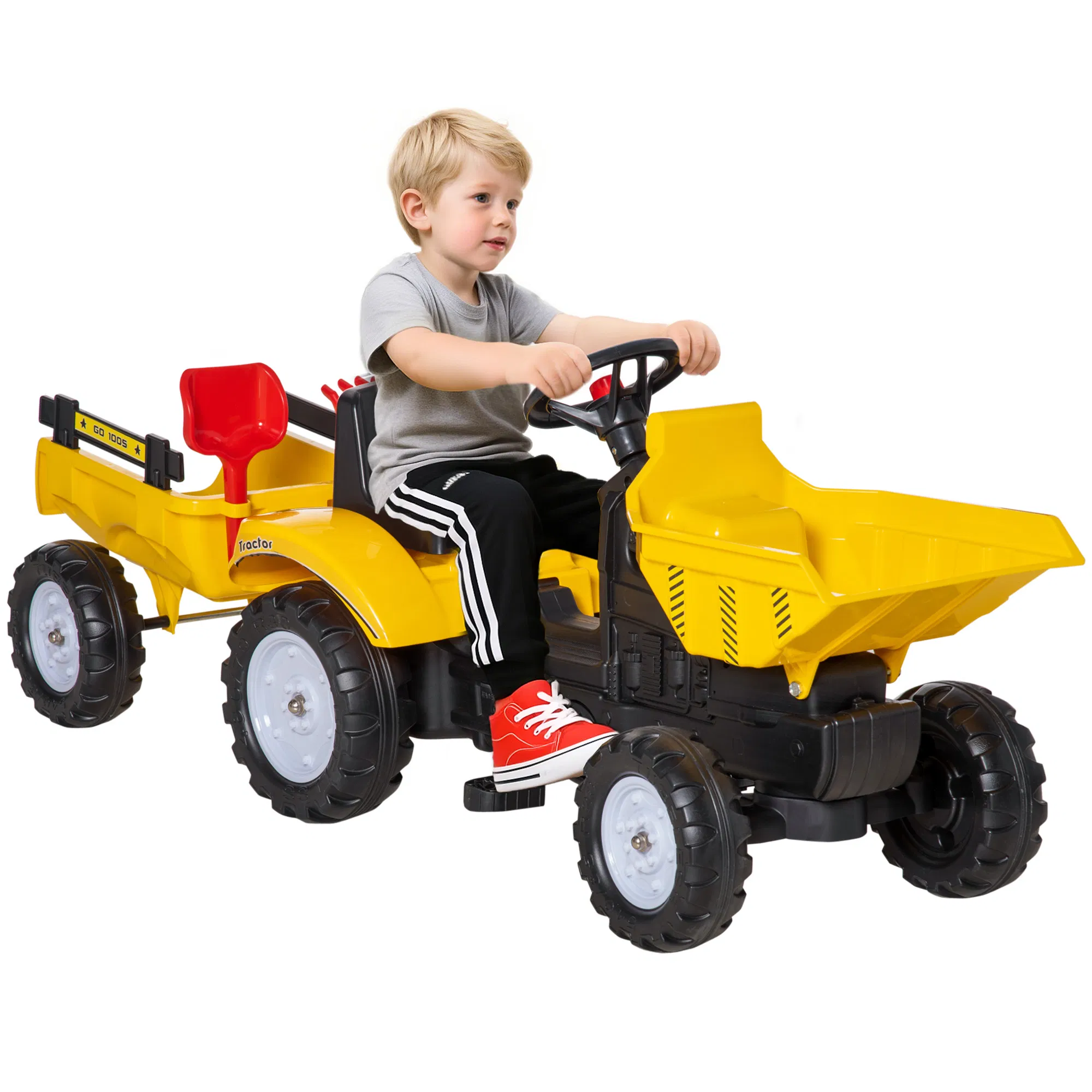 Ride on Toy Dump Truck for Kids, Pedal Construction Car with Detachable Trailer for 3 Year Old, Yellow