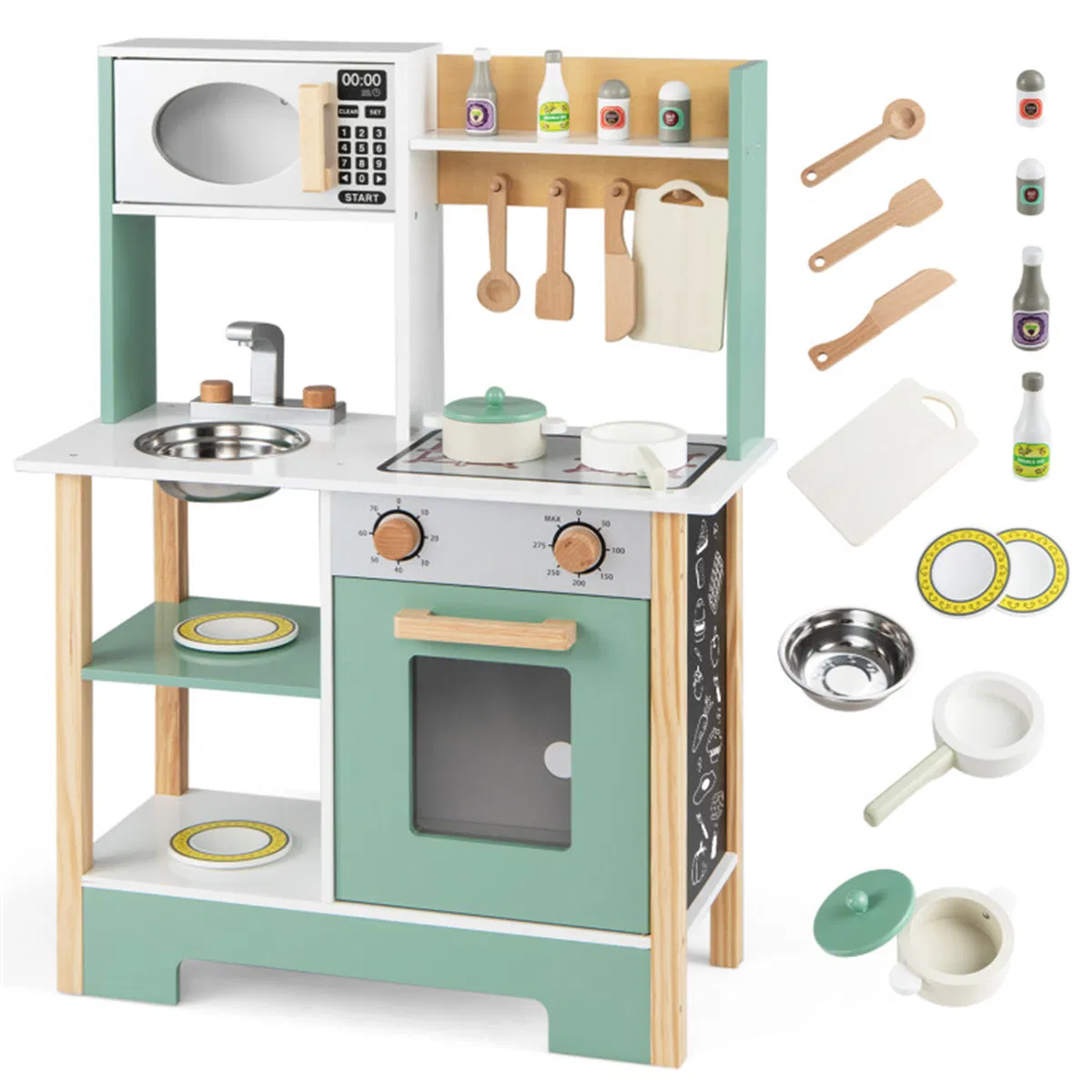 Kids Wooden Play Kitchen with 13 Accessories, Pretend Cooking Set with Chalkboard for 3+, Green+White