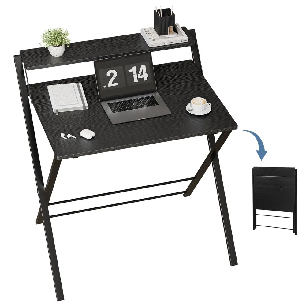 Small Folding Desk with Shelf, No-Assembly Foldable Computer Table for Tight Spaces, Portable Writing Desk for Office Dorm Apartment, Space Saving And Sturdy Metal Frame