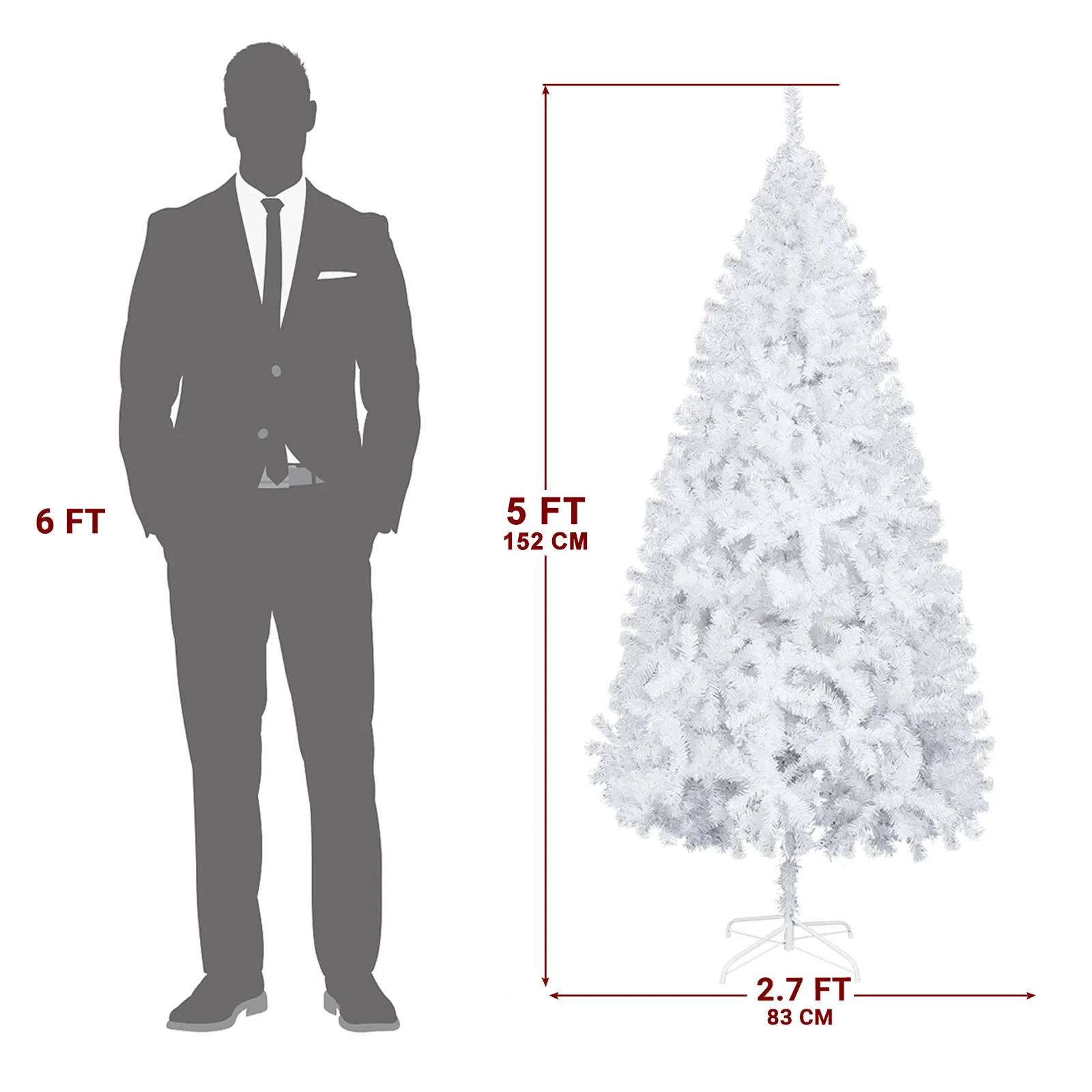 5 FT Artificial Christmas Tree, Unlit Hinged Christmas Pine Tree with 480 Branch Tips and Sturdy Metal Stand, White image 3