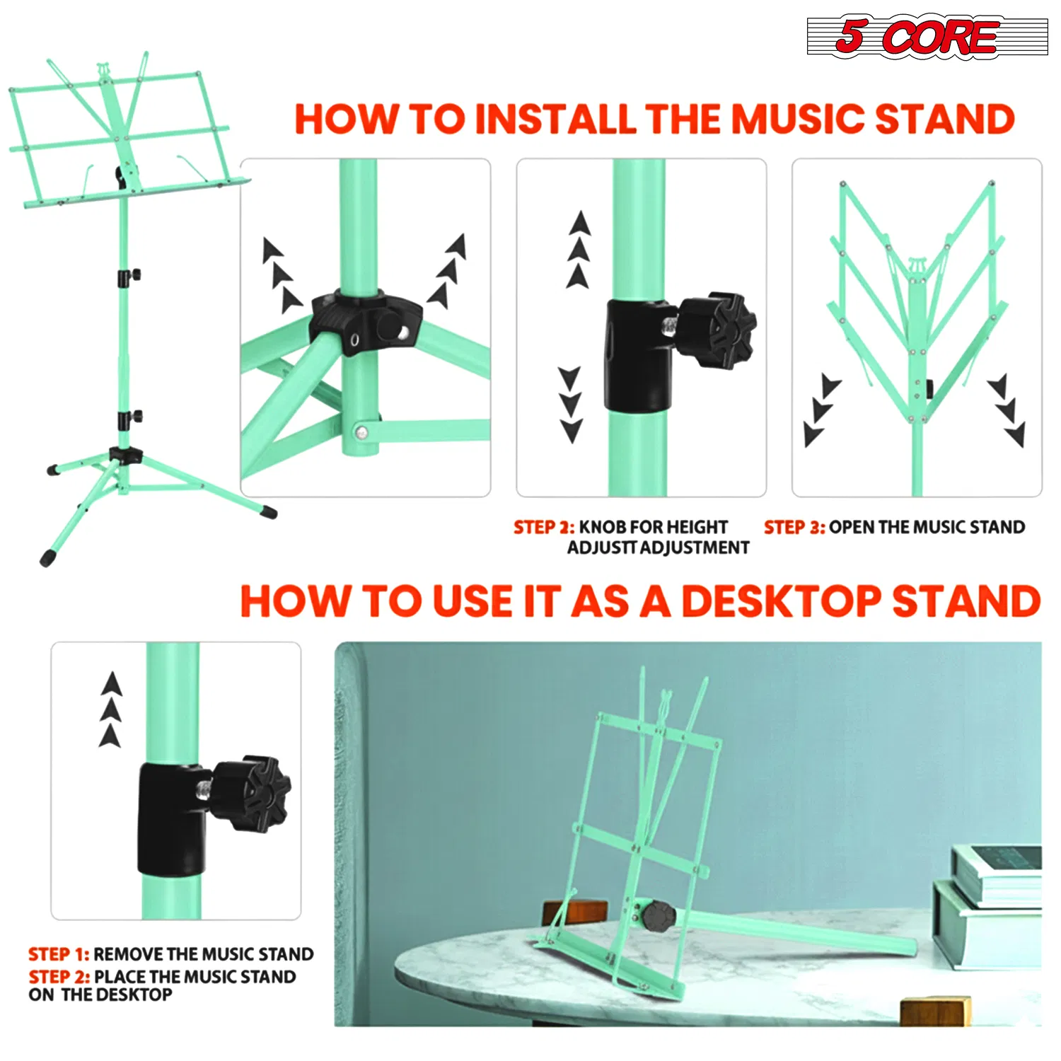 5 Core Music Stand Adjustable Desktop Book Stands Portable Sheet Holder All Metal Foldable Bookstand image 8
