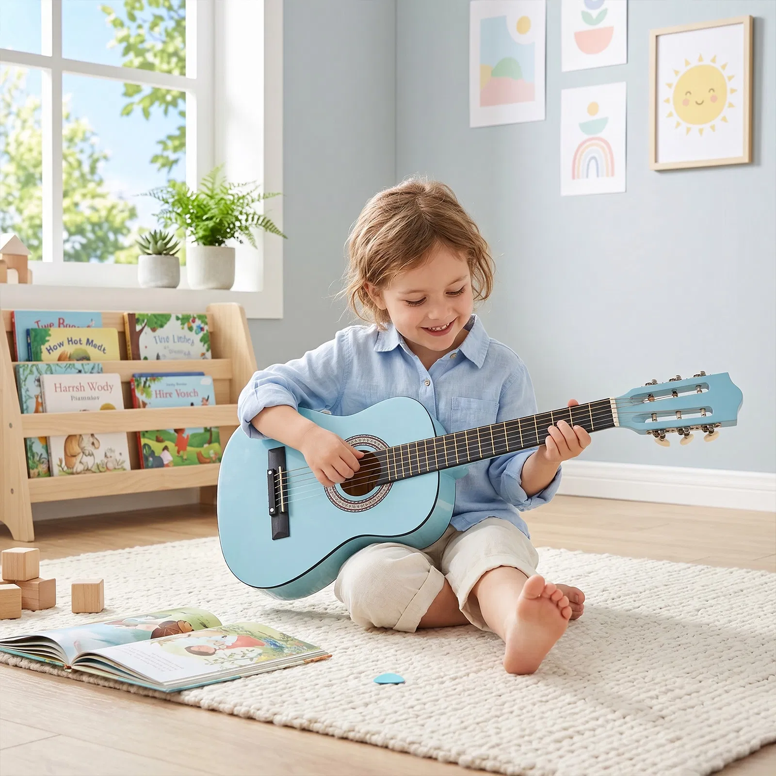 Sky-blue color 30-inch Round Acoustic Guitar with Picks, Strings, Capo, Case, Tuner, and Strap image 10