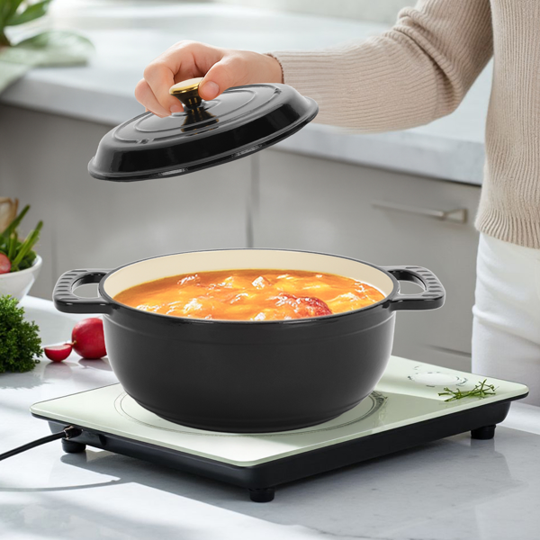 Cast iron 5QT cooking pot - Pure black - includes two silicone gloves - Enamel pot-20