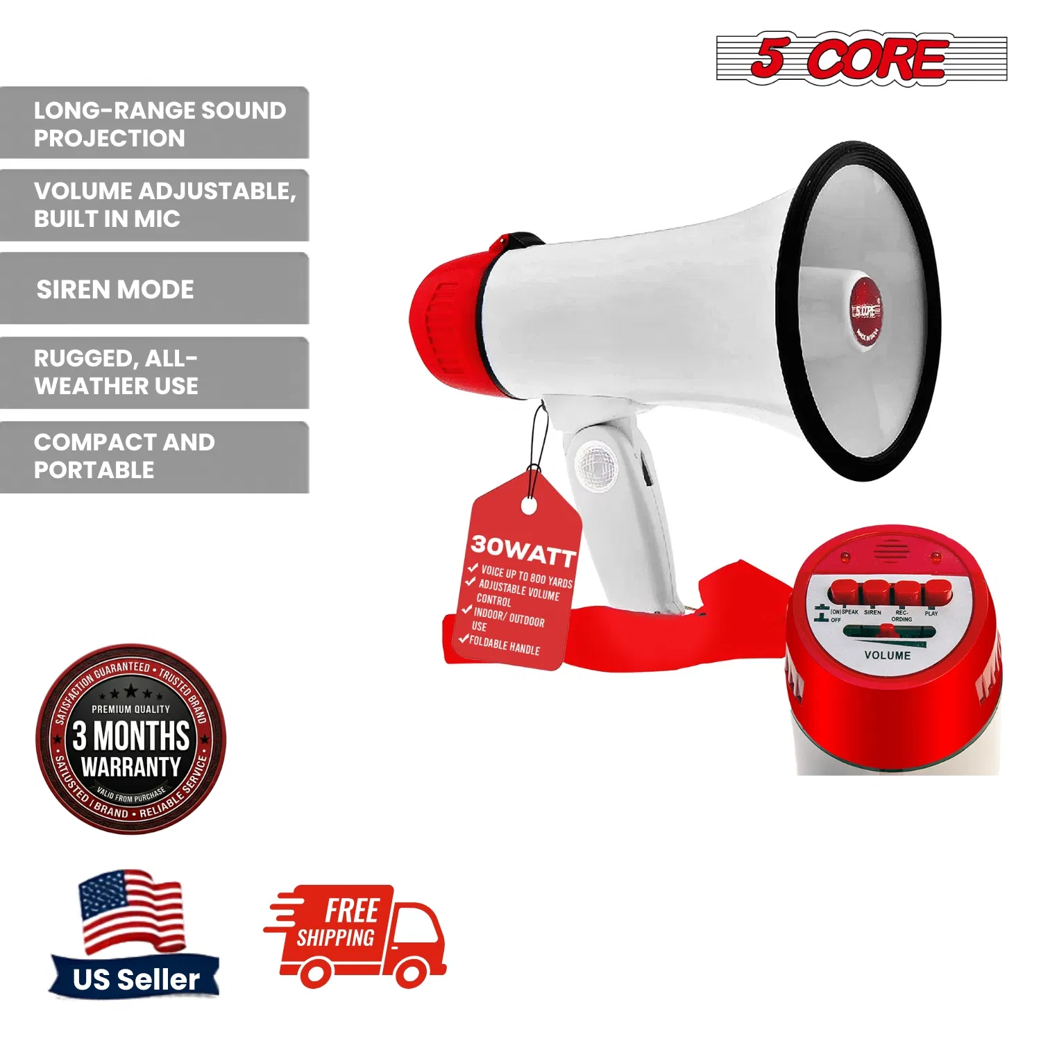 5 Core Megaphone 30W Bull Horn PA Speaker w 800 Yards Range Loud Siren Voice Amplifier Portable image 4