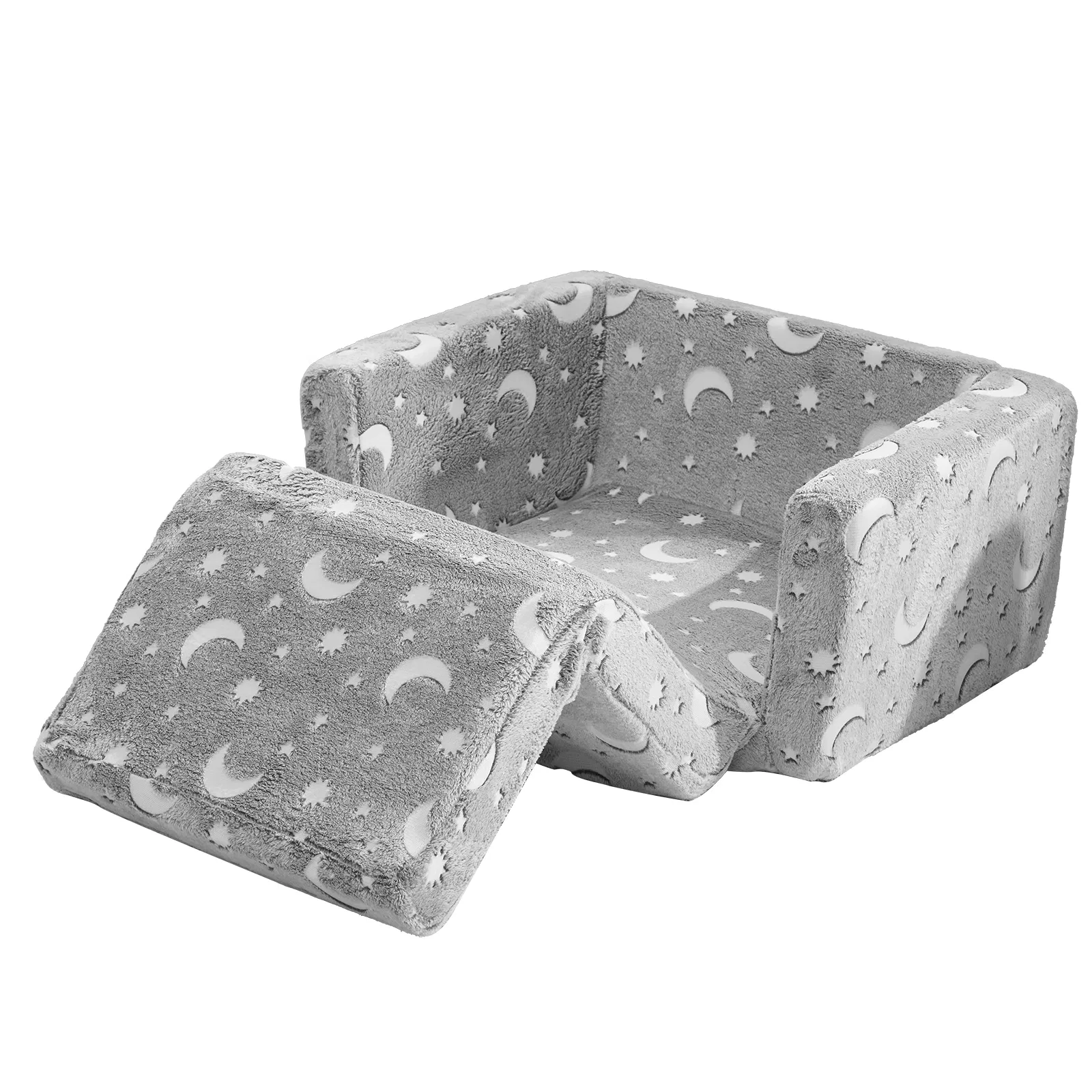 Glow-in-the-Dark Kids Foldable Sofa Bed All-Sponge Single Chaise Lounge Light Grey Star & Moon Flannel image 3