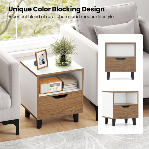 2-Pack Color Blocking Nightstands - 3-Tier Storage (Tabletop/Open Shelf/Drawer), Unique Wood Grain + Creamy White Design for Bedroom-14