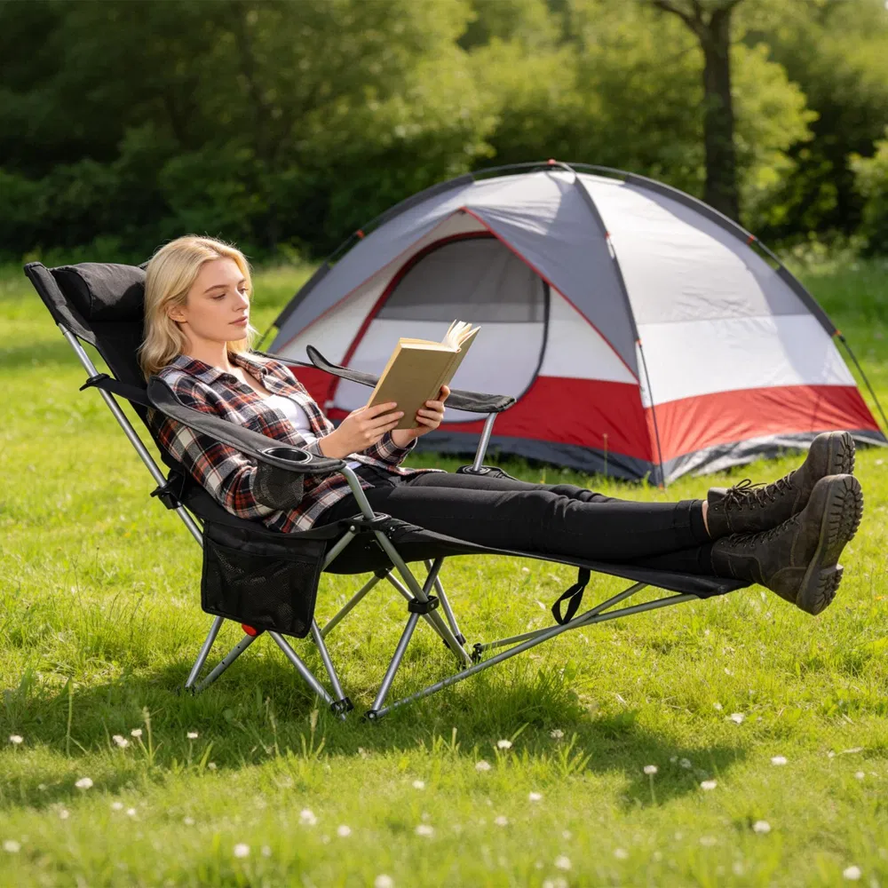 Portable Folding Camping Chair with Removable Footrest Waterproof Oxford Cloth Support 220lbs Multifunctional Recliner Chair with Cup Holder & Side Pocket image 7