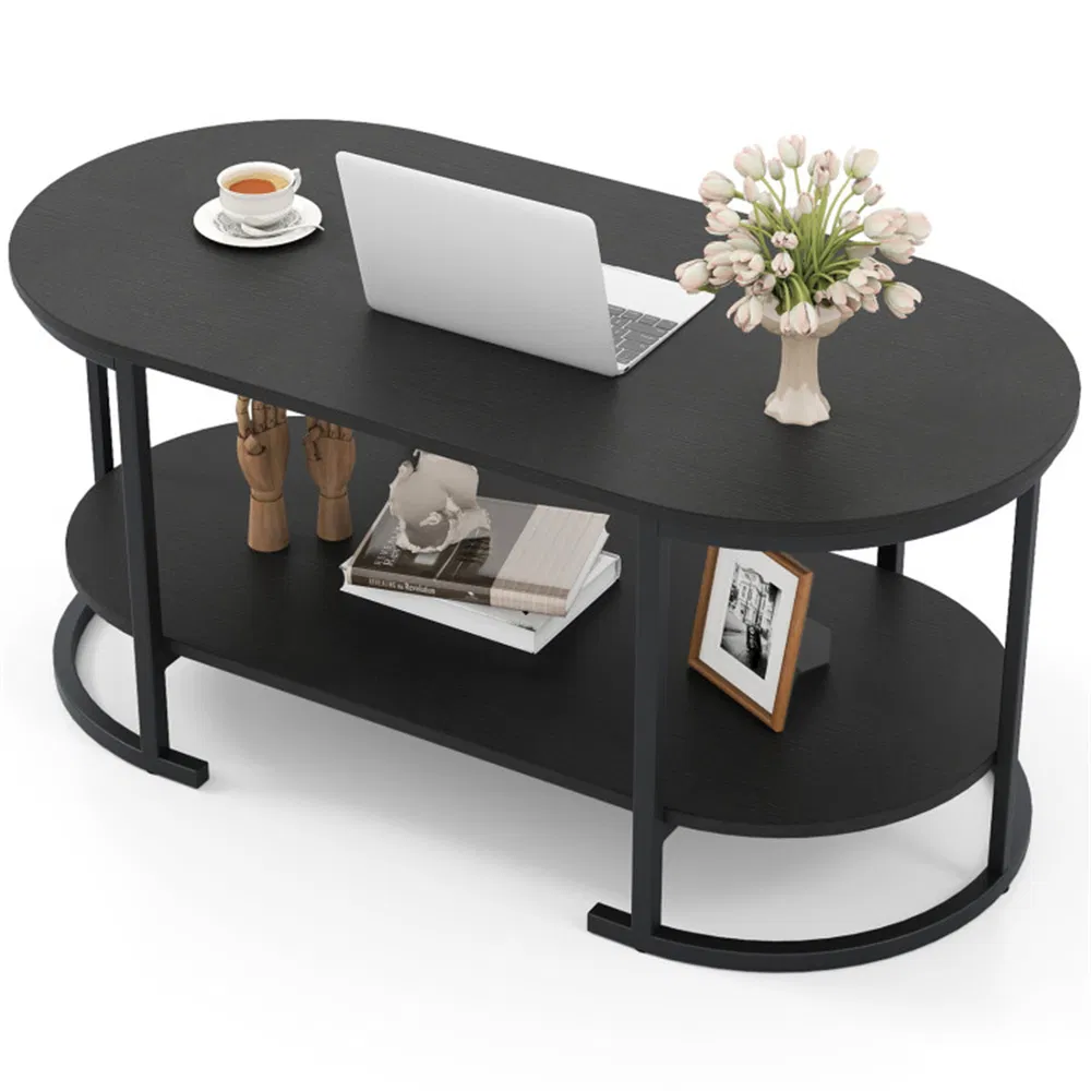 2-Tier Coffee Table with Metal Frame, 100ร50ร45 cm Robot Vacuum Friendly Accent Table, 88 lbs Capacity for Living Room Office-Black