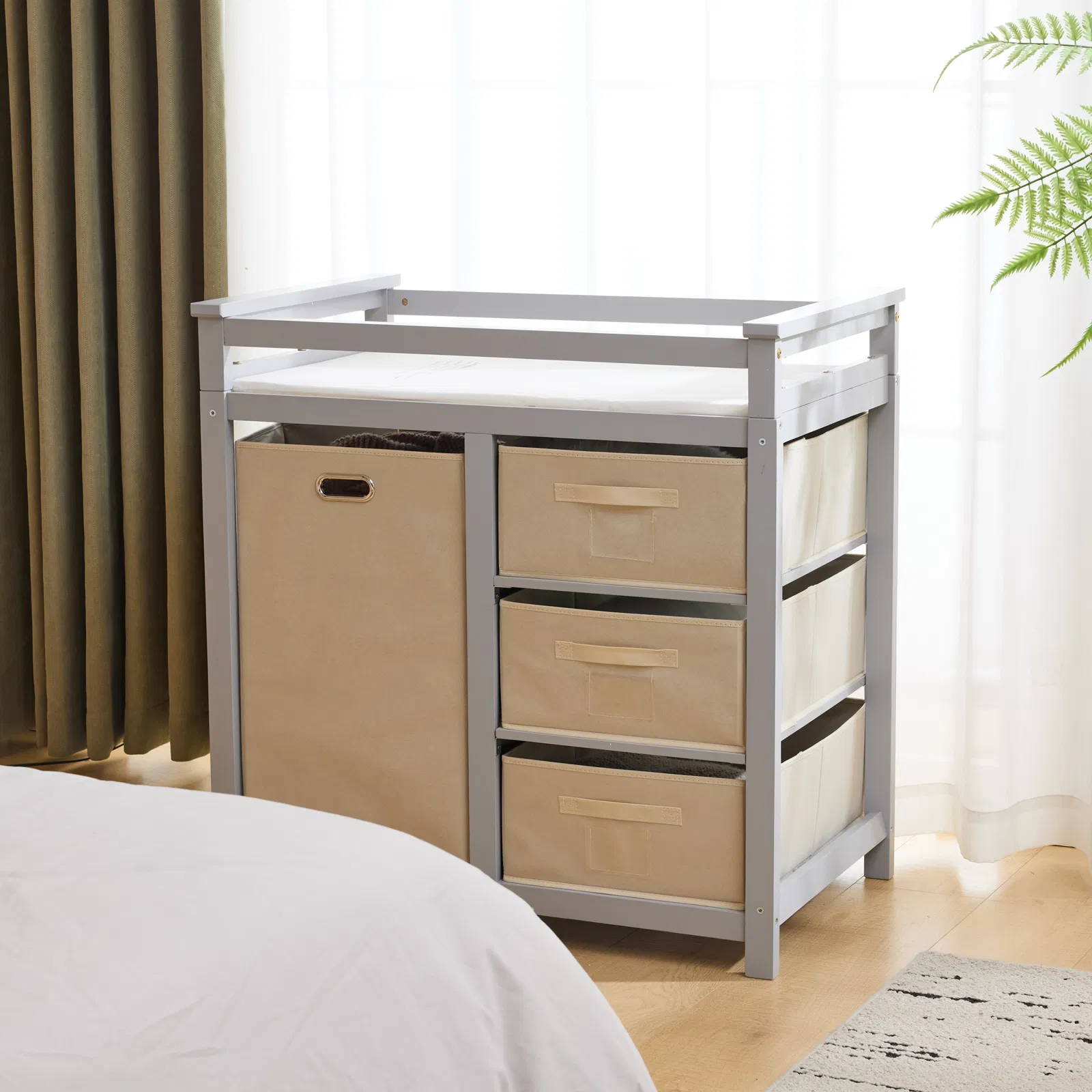 Gray painted pine wood frame children's bed with removable top, 87*53*87.5cm, includes 3 fabric drawers… image 10