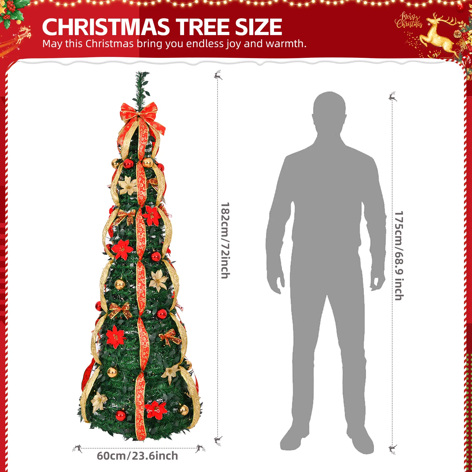 6 FT Fully Decorated Pre-lit Christmas Tree, Pop Up Artificial Xmas Tree with 150 Warm Lights Battery Operated and Red & Golden Ornaments for Home Office Store Holiday Deco image 2