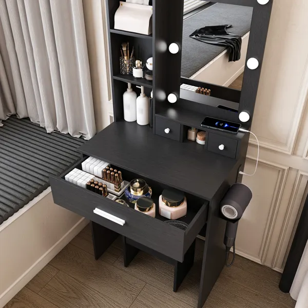 Vanity Table with Mirror & Adjustable LED Lights, Power Outlet, Hairdryer Holder & Stool – Compact… image 3