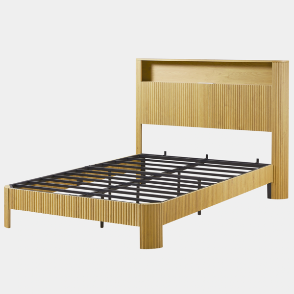 Full Extra Long(Full XL) Size bed frame with storage headboard, built-in charging station, wavy curved lines design, silent operation, metal support, Natural-15