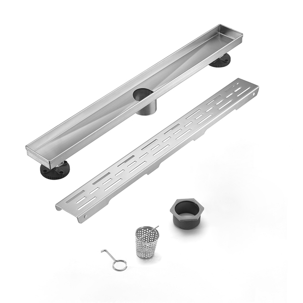 30 Inch Linear Shower Drain with Removable Brick Patterned Grate Cover, 304 Stainless Steel Shower Floor Drain with Hair Strainer and Leveling Feet-16