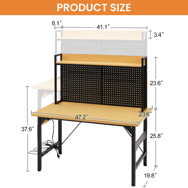 48''Adjustable Workbench with pegboard, Heavy Duty Wooden Desktop Workbench with Wheels, 1600 lb. Load Capacity, Rolling Workbench with AC/USB Outlet, Hooks, Shelf, for Garage, Workshop, Office, Home.-30