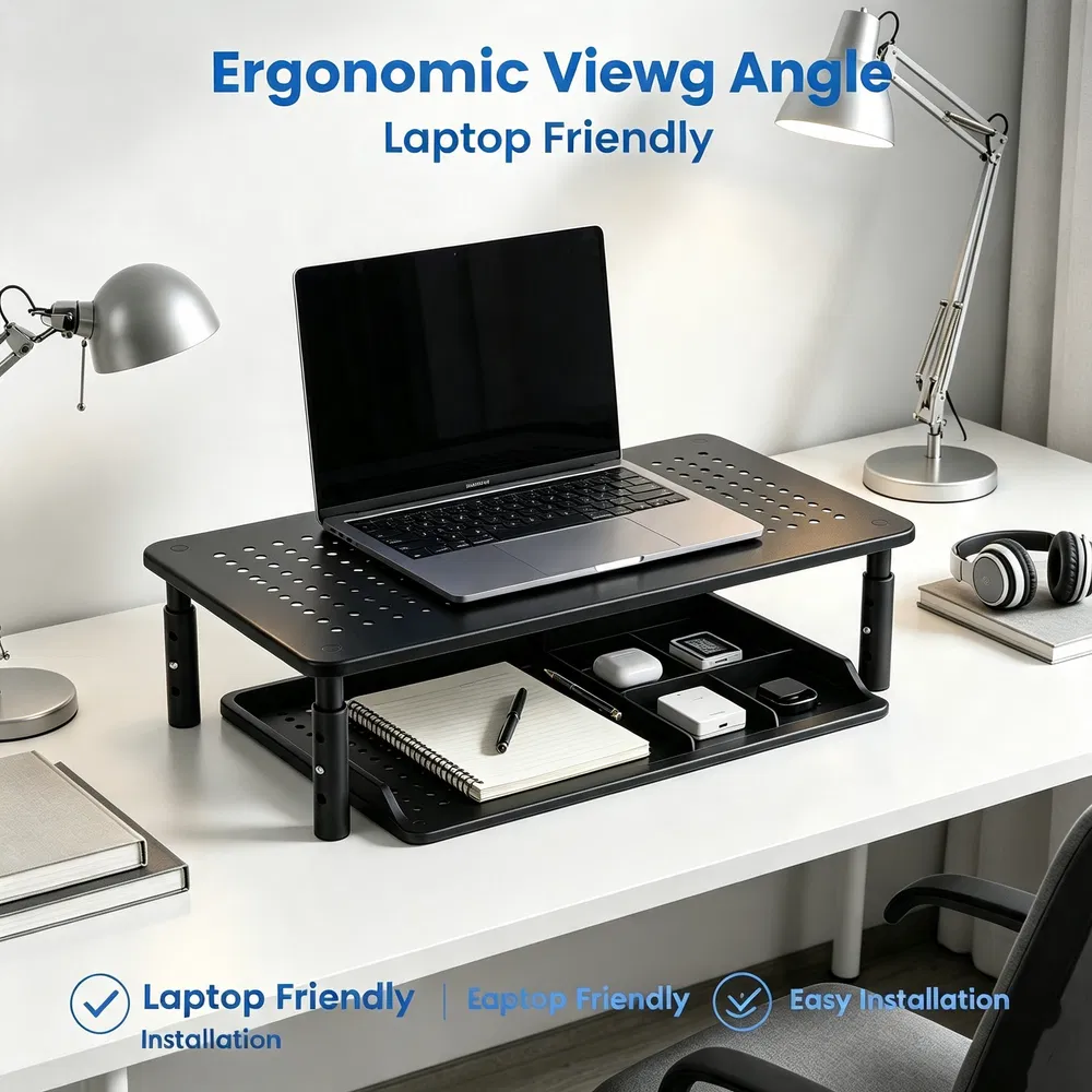 3-Level Adjustable Computer Monitor Stand, Metal Mesh Ventilated Riser, 44 Lbs Max Load, Easy Assembly for Home Office Desktop Use