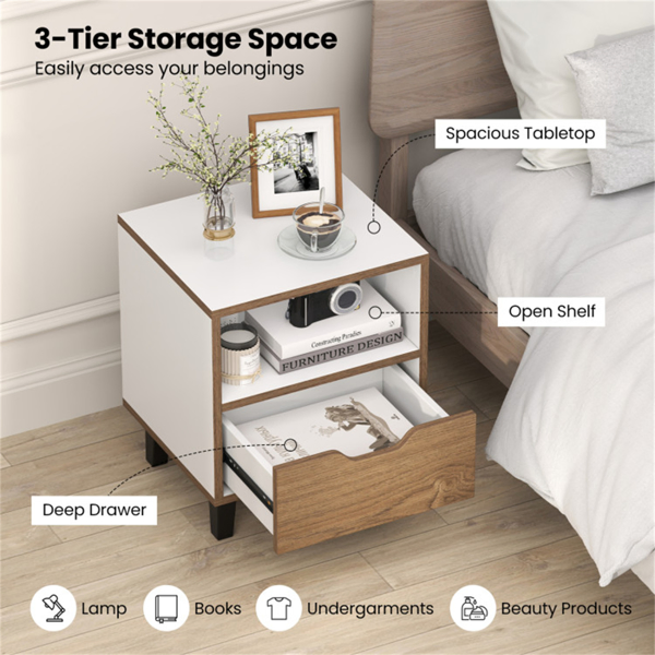 2-Pack Color Blocking Nightstands - 3-Tier Storage (Tabletop/Open Shelf/Drawer), Unique Wood Grain + Creamy White Design for Bedroom-17