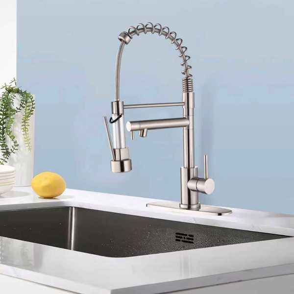 Kitchen Faucet with Pull Down Sprayer, Touch On Single Handle 2- Function Stainless Steel Spring Neck, Single Hole Installation for Residential, Commercial, RV, Bar & More, Brushed Nickel[Unable to sh-10