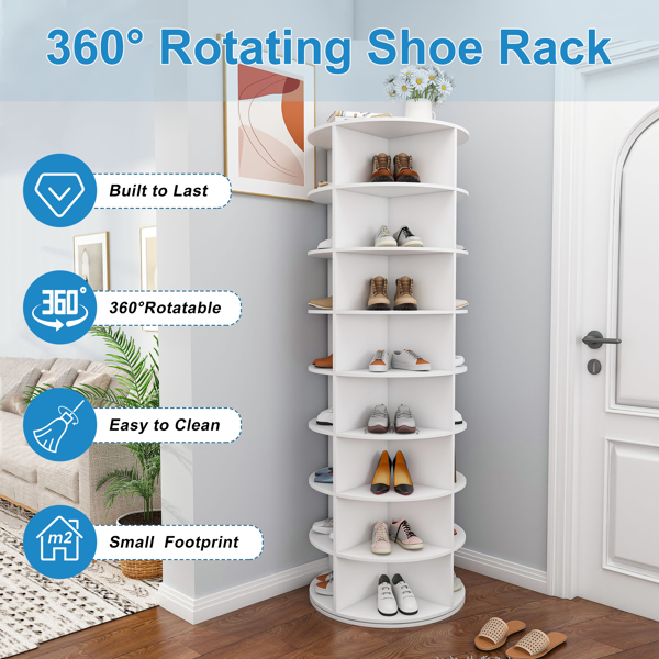 Rotating Shoe Rack Tower, 8-Tier Spinning Storage Rack, Free Standing 360° Revolving Shoe Organizer, Holds 32 Pairs of Shoes (8-Tier,White) -24