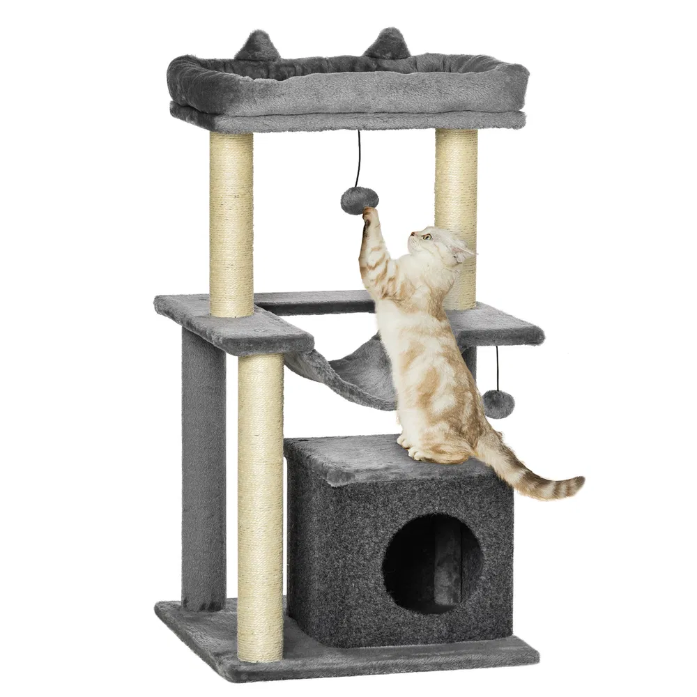 39.25'' Cat Tree Tower Multi-Level Kitten House with Scratching Post Condo Hammock Bed Ball Toy - Gray