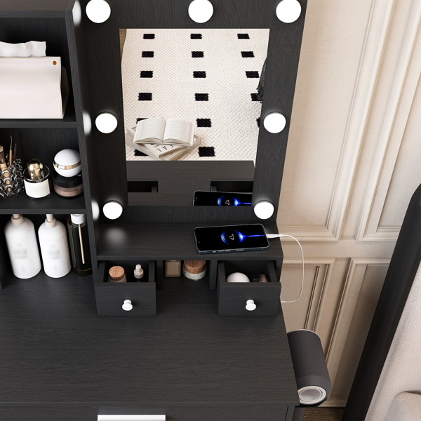 Vanity Table with Mirror & Adjustable LED Lights, Power Outlet, Hairdryer Holder & Stool – Compact Dressing Desk for Small Bedrooms(Black) -27