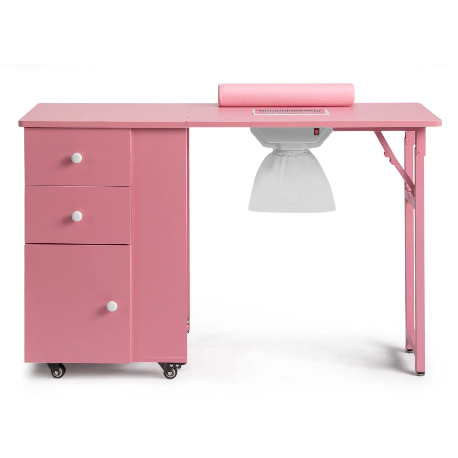 Nail Desk Folding Table, Pink MDF Manicure Station w/ 2 Drawers & 1 Door Cabinet for Nail Art Salon Home… image 2