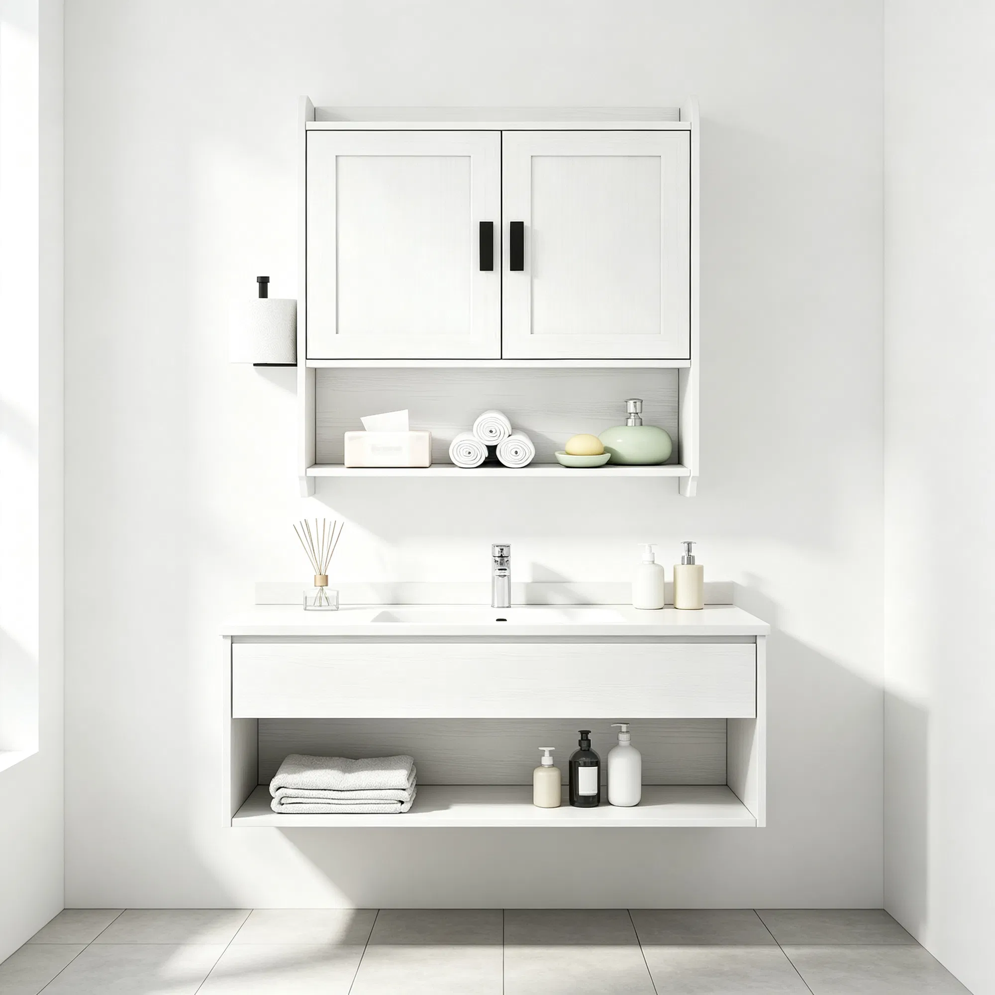 Bathroom Wall Mounted Cabinet, Engineered Wood Wall Organizer with Adjustable Inner Shelf, Towel Bar, Toilet Paper Holder for Bath, Kitchen, Laundry Room and Entryway Storage