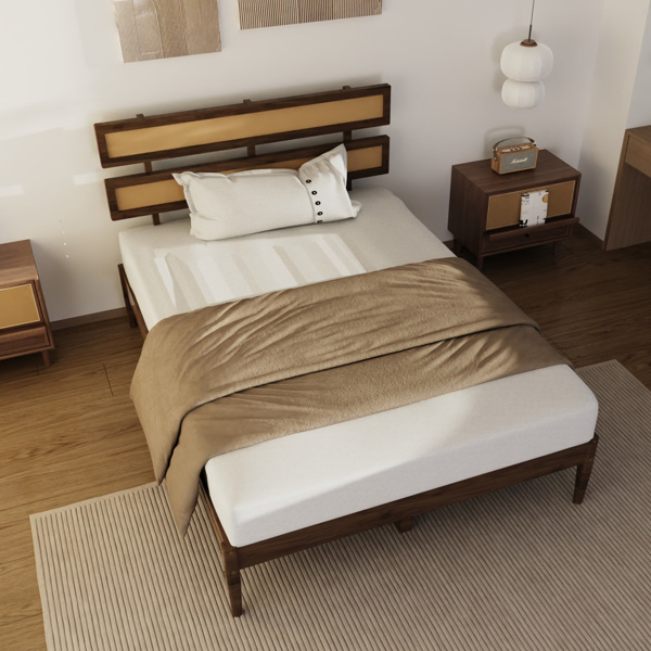Dark walnut wood painted finish + rattan and pine wood double headboard full size wooden bed, Bohemian style-15