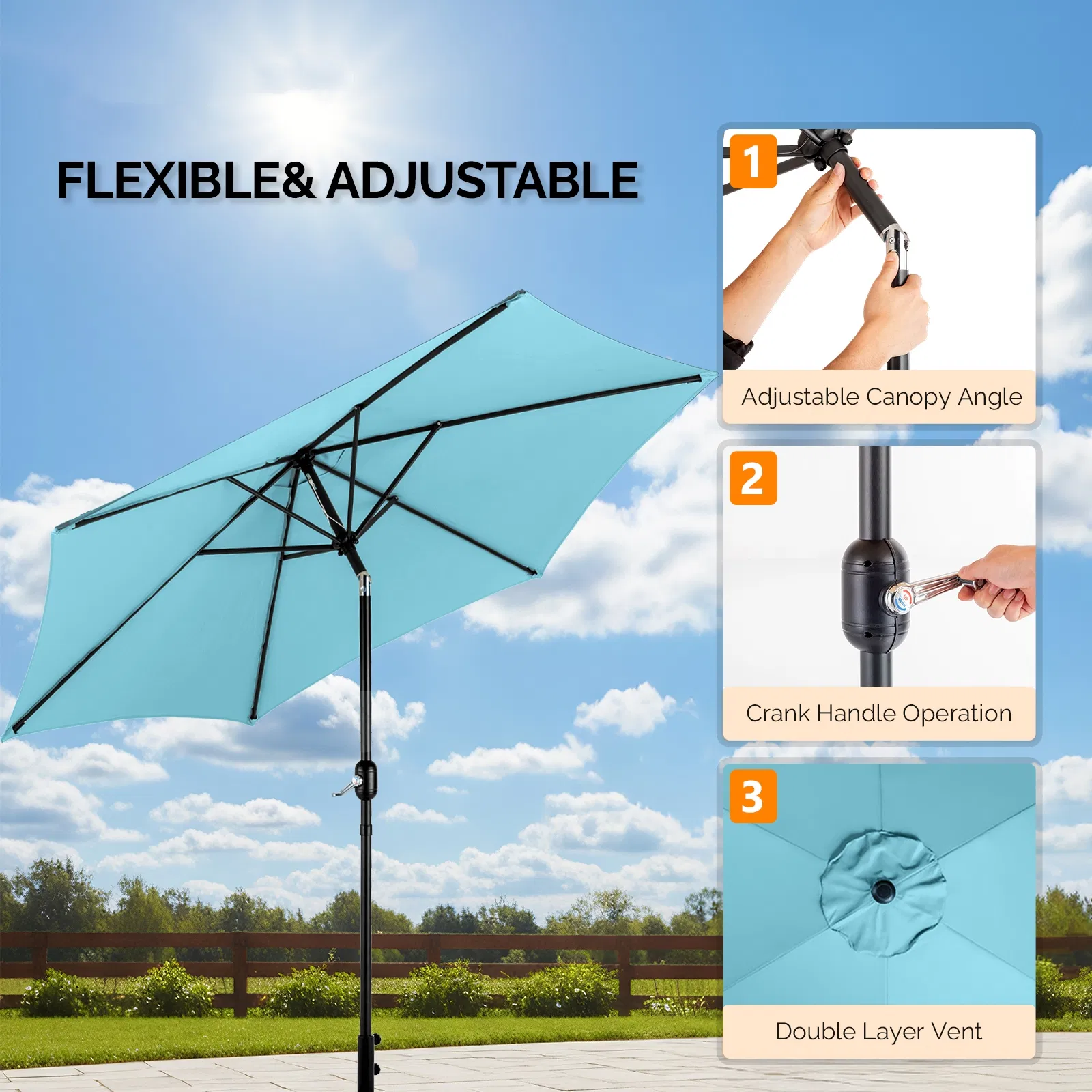 9ft Patio Umbrella, Outdoor Market Umbrella with Push Button Tilt, Crank Handle, 6 Sturdy Iron Ribs, UPF 50+ Waterproof Polyester Canopy, KD Design for Garden, Deck, Backyard, Poolside, Sky Blue image 18