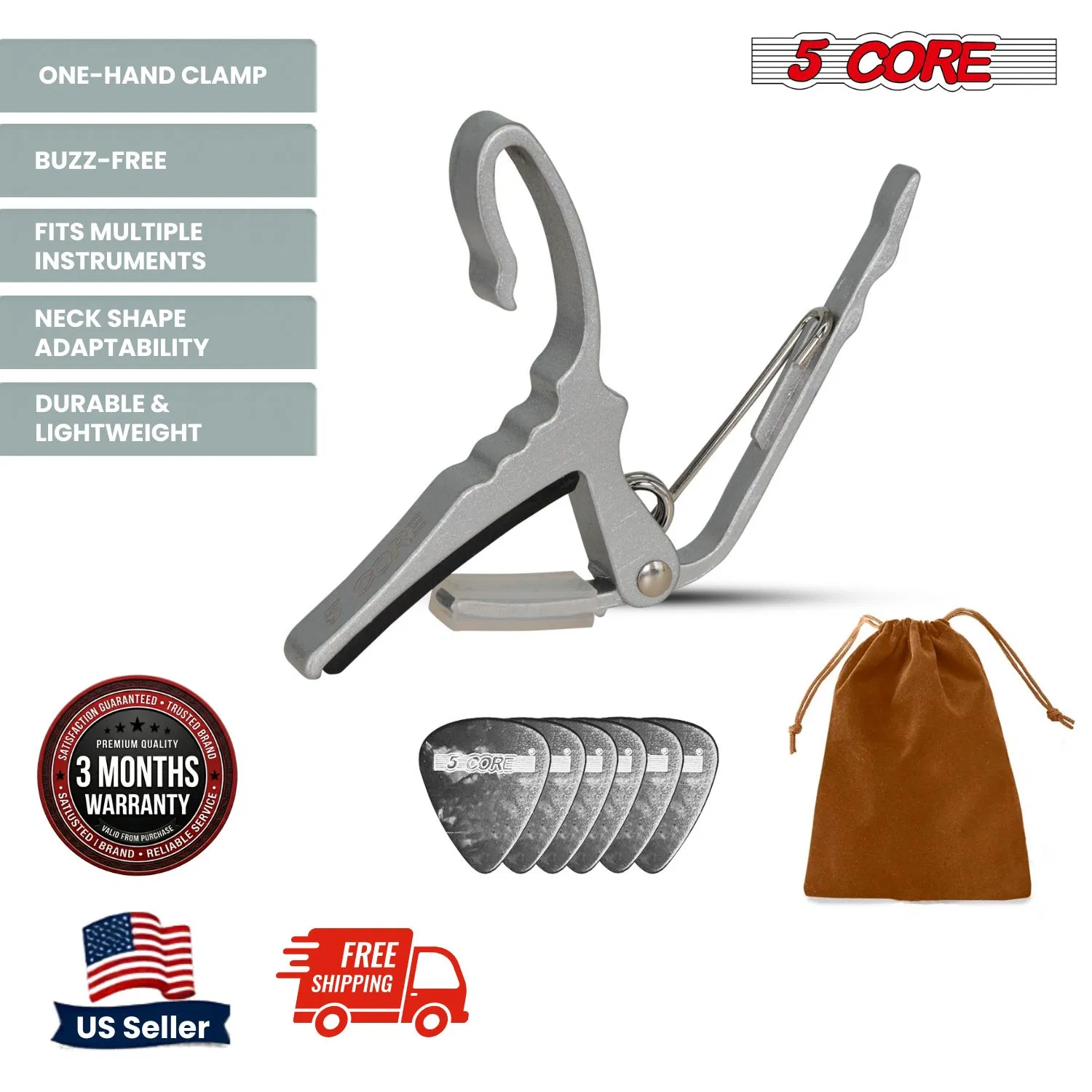 5 Core Guitar Capo Quick Change Acoustic Electric String Clip Banjo Mandolin Or Ukulele image 2