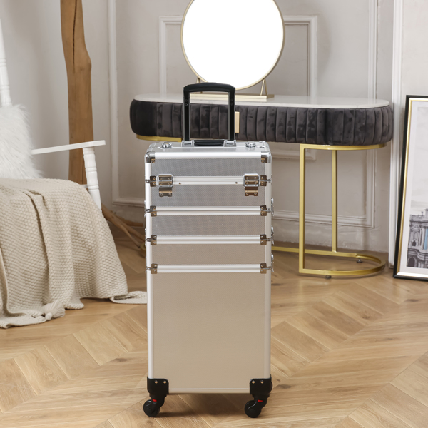 4-in-1 Draw-bar Style Interchangeable Aluminum Rolling Makeup Case Silver-35