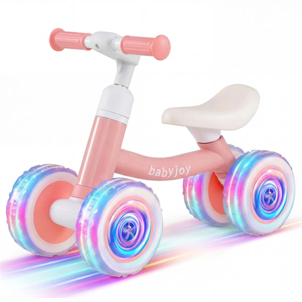 4 Wheel Kids Balance Bike with Light Up Wheels, 3 Level Adjustable Height Toddler Push Bike , No Pedal Gliding Bike with Safety Steering Limit - Pink