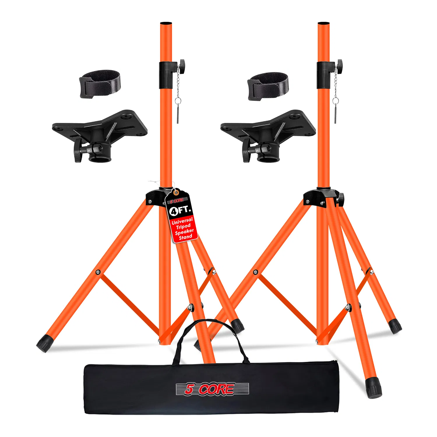 5 Core Speaker Stand Tripod Pair Floor Adjustable Up to 48 Inch DJ Studio Monitor Stands Short Pole Mount - SS HD 2PK ORG 4FT