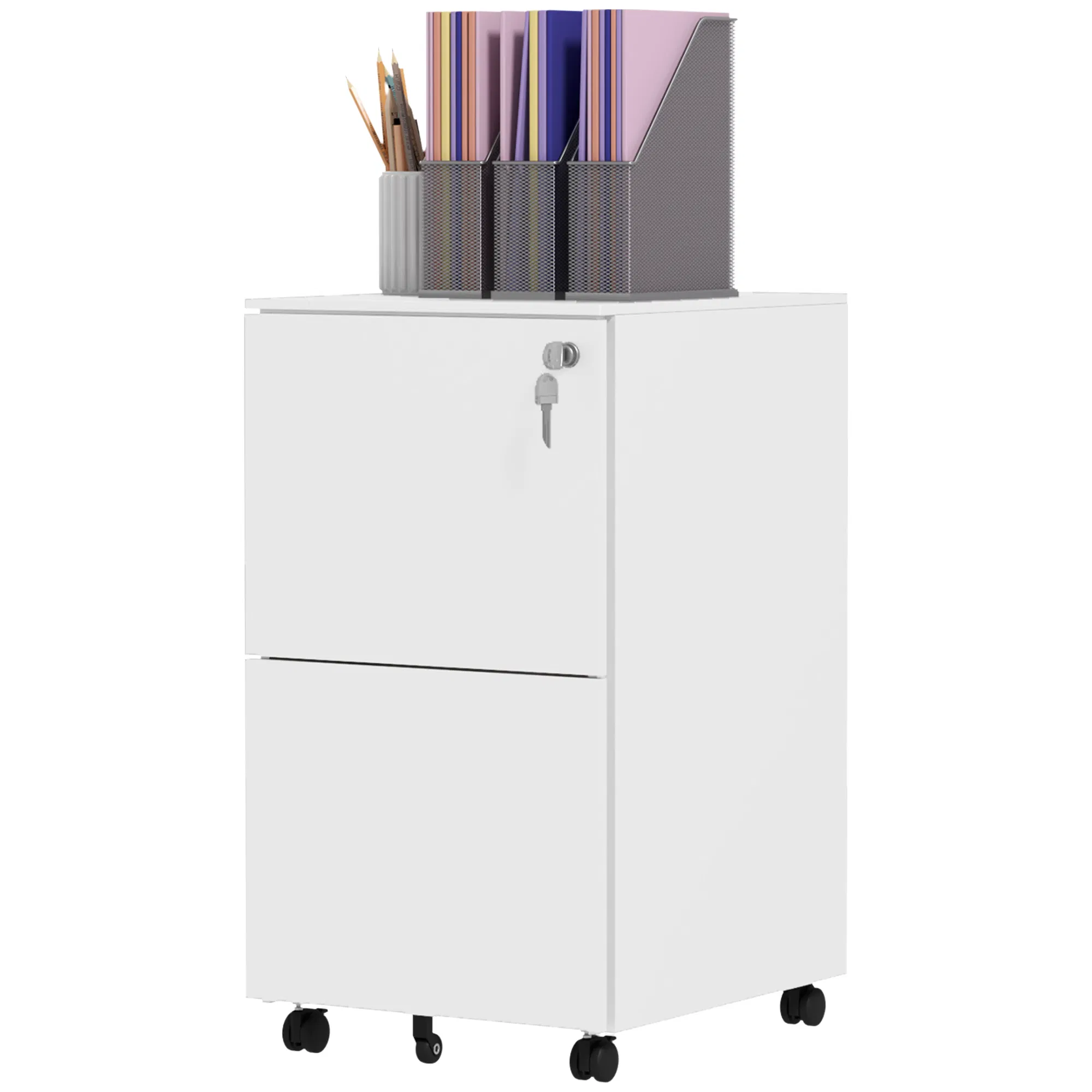 Vertical Steel Filing Cabinet on Wheels, 2-Drawer Lockable File Cabinet with Adjustable Hanging Bar for A4, Legal and Letter Size, White